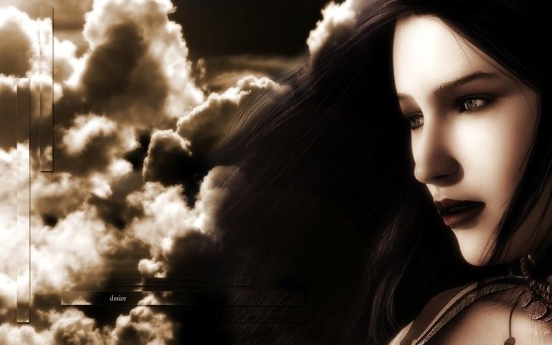 Collage in Sepia: Frau mit dunklem Haar vor aufgetürmten Wolken