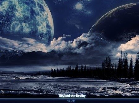 Winterlandschaft unter einem Nachthimmel mit zwei großen Planeten, Schriftzug „Beyond the Reality“