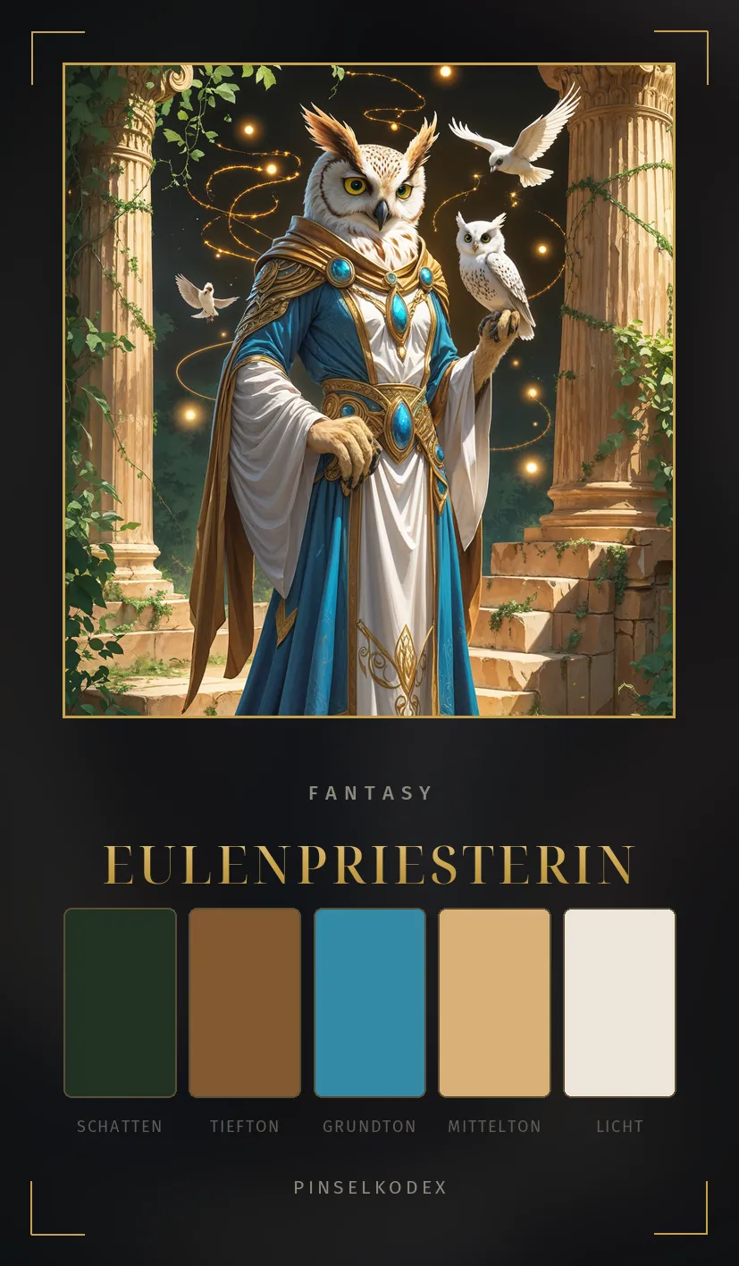 Karte Eulenpriesterin: Elfenbein, Gold und Himmelblau