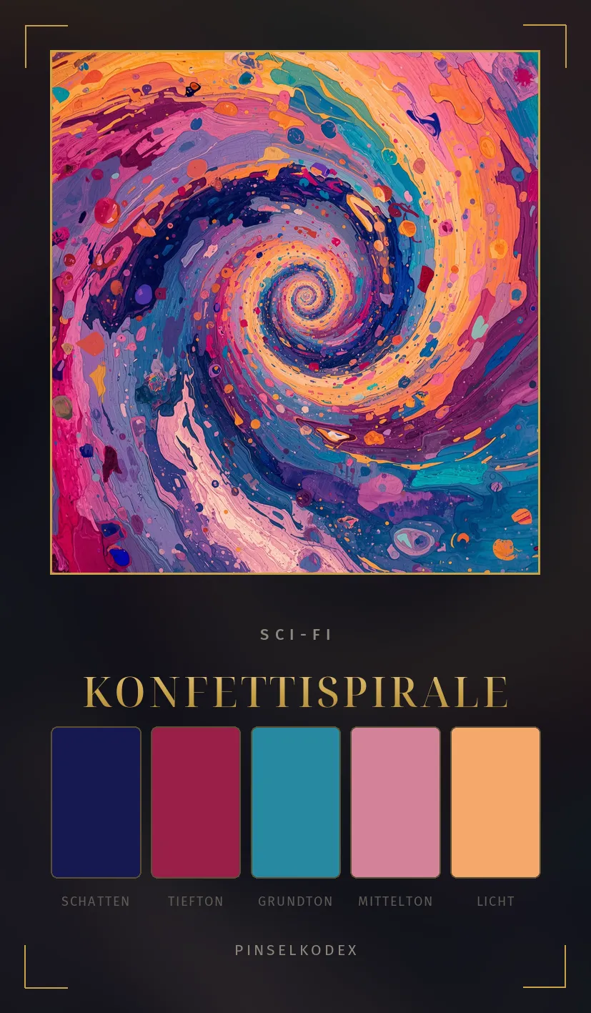 Karte Konfettispirale: Magenta, Orange und Petrol