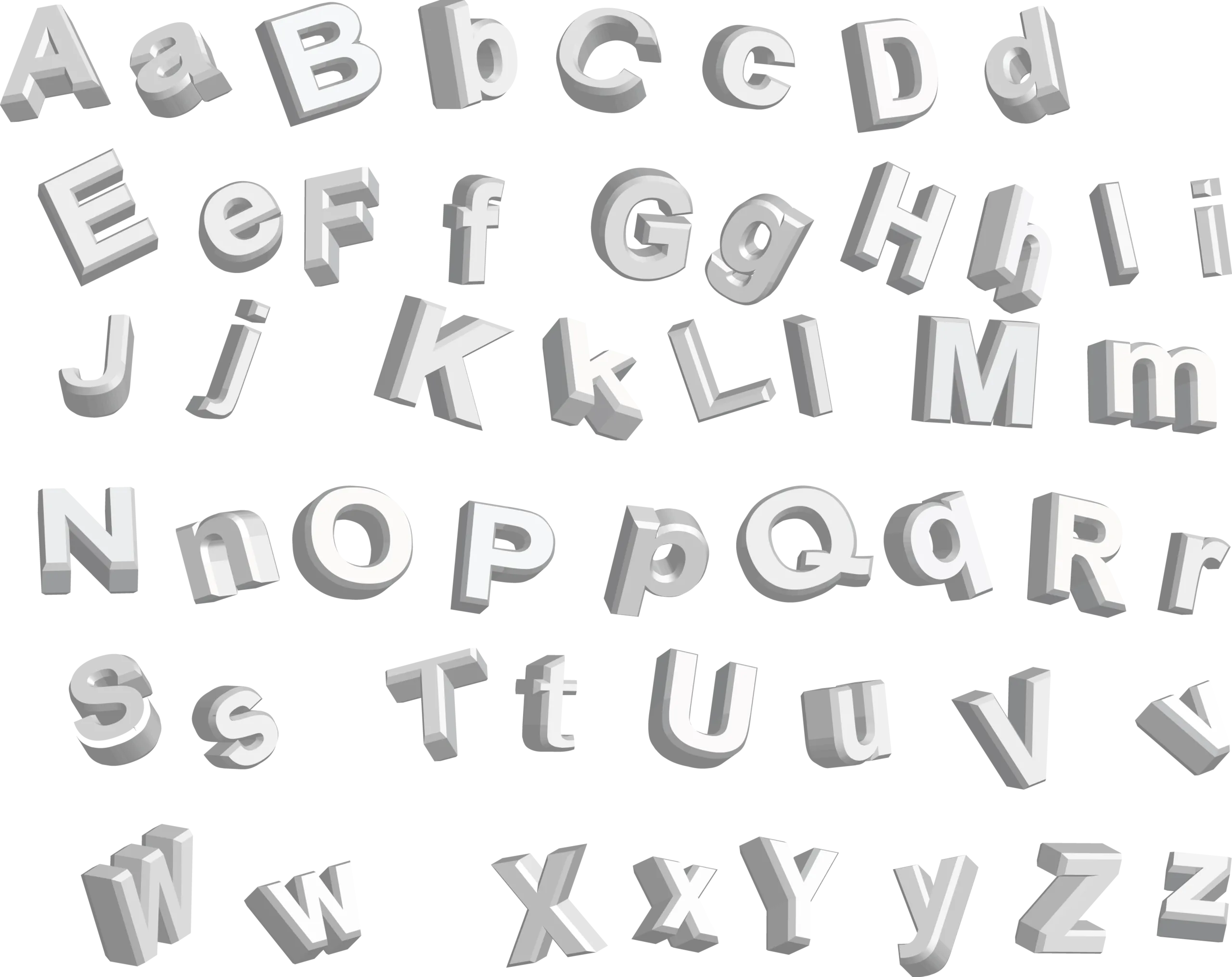 Alphabet aus silbernen 3D-Buchstaben, Groß- und Kleinbuchstaben