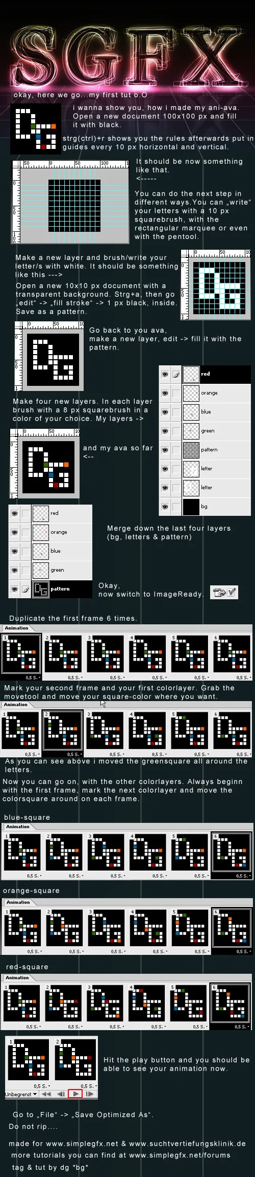 Tutorial in Schritten: ein Pixel-Avatar mit „Dg“, der in Farben blinkt
