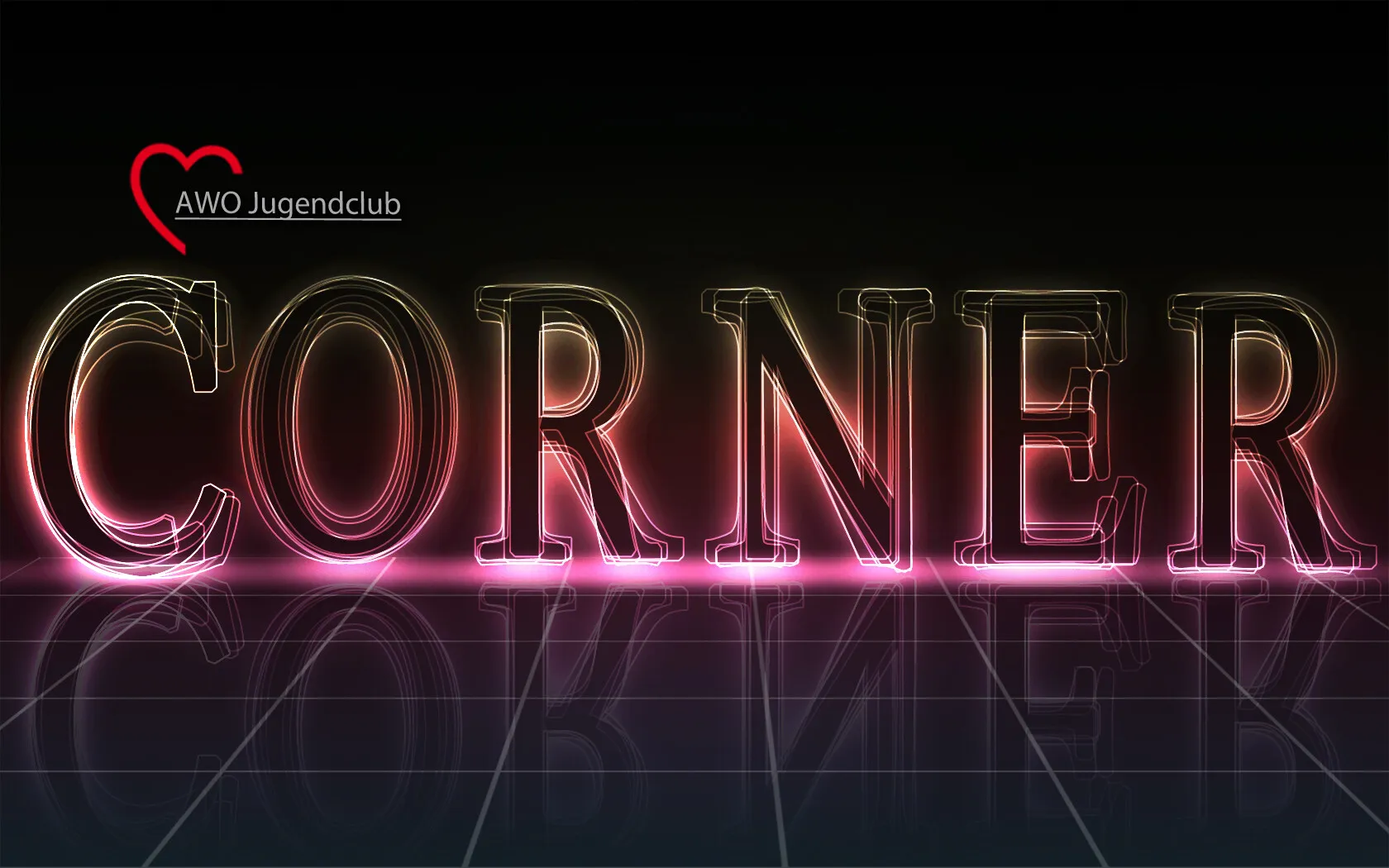 Leuchtender Schriftzug „Corner“ in Rosa auf Schwarz