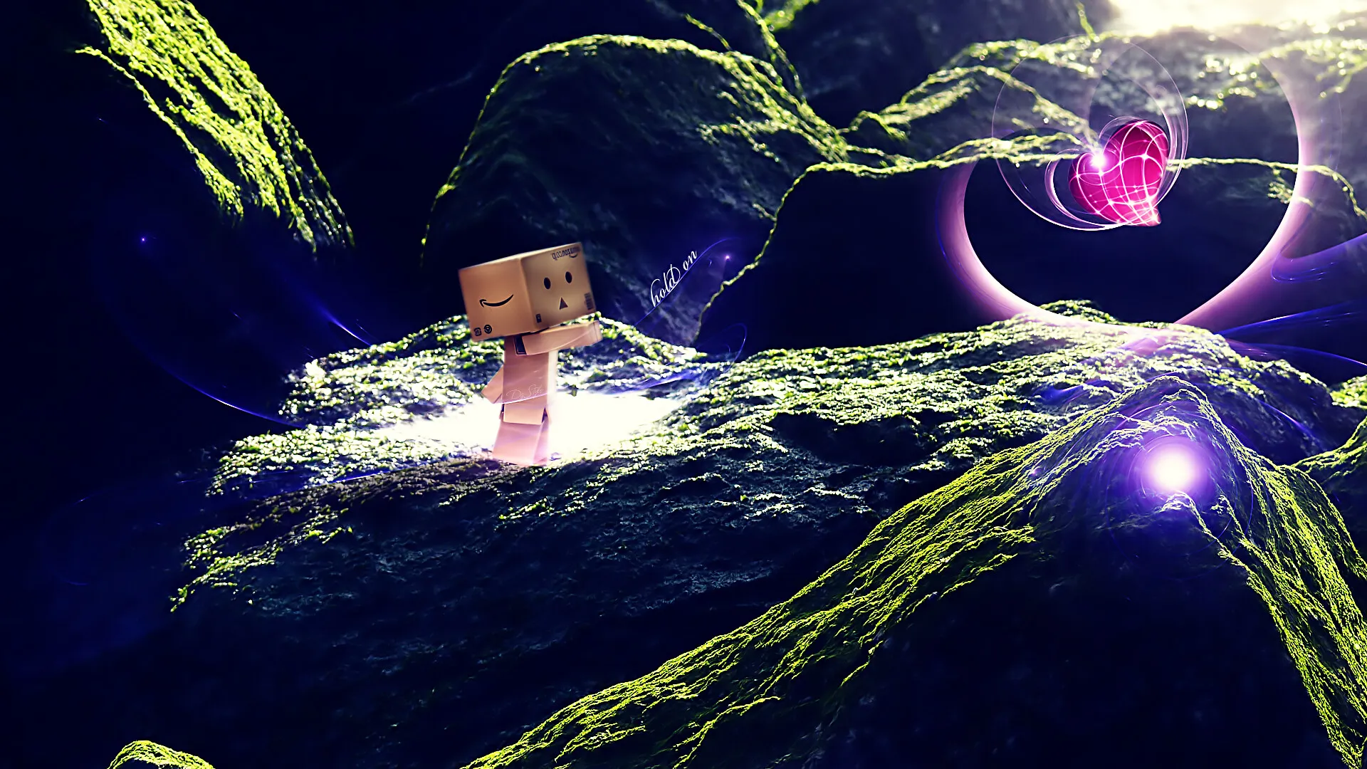 Kleine Kartonfigur auf einem Felsen unter einem violetten Himmel