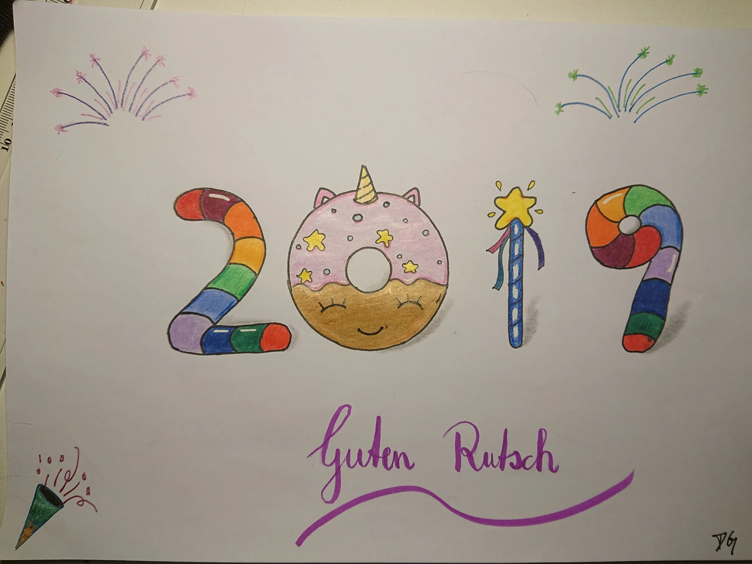 Bunte Zahl 2019 mit Donut und Feuerwerk, darunter „Guten Rutsch“