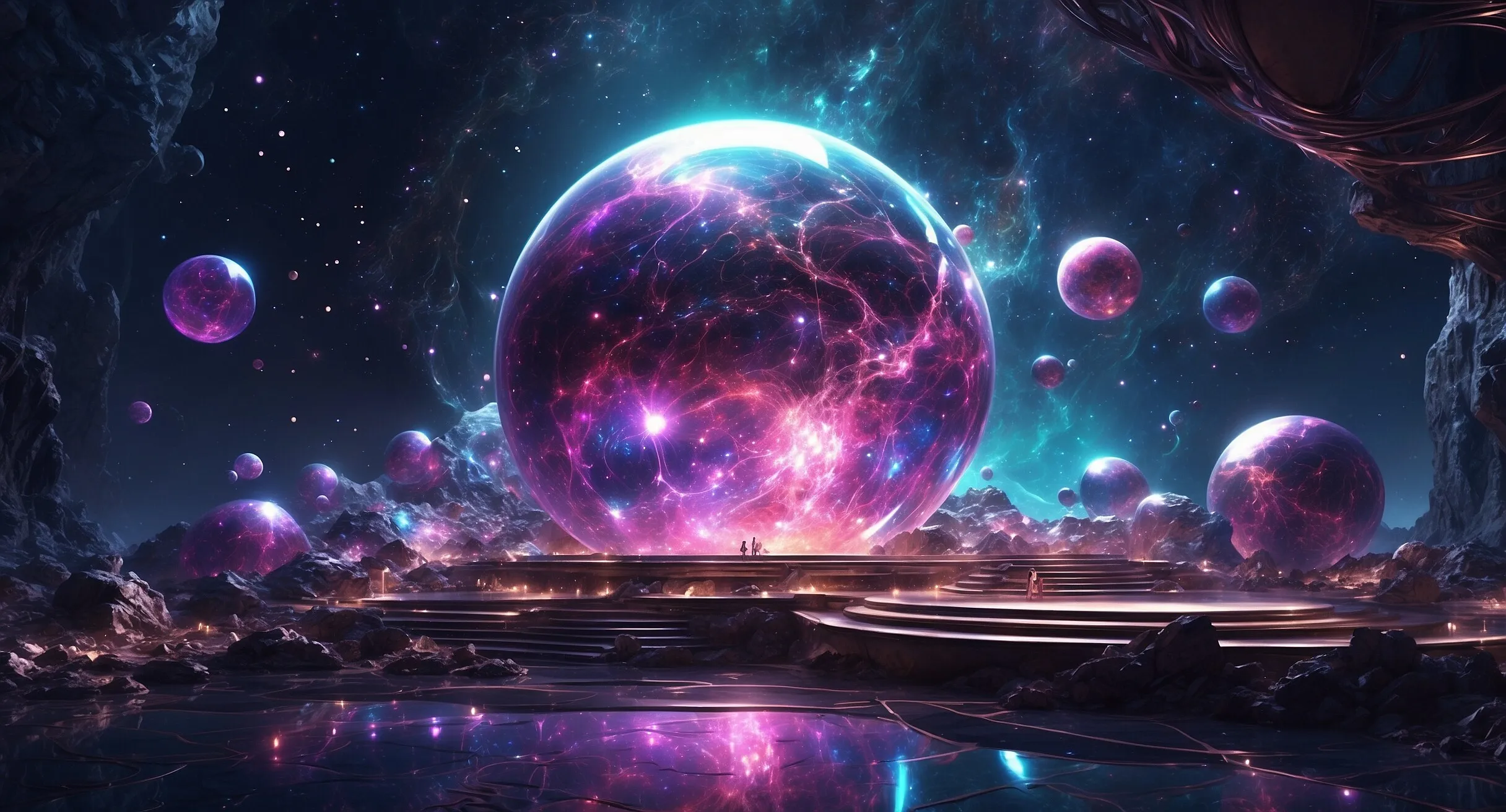 Leuchtende Kugeln und Planeten über einer Traumlandschaft