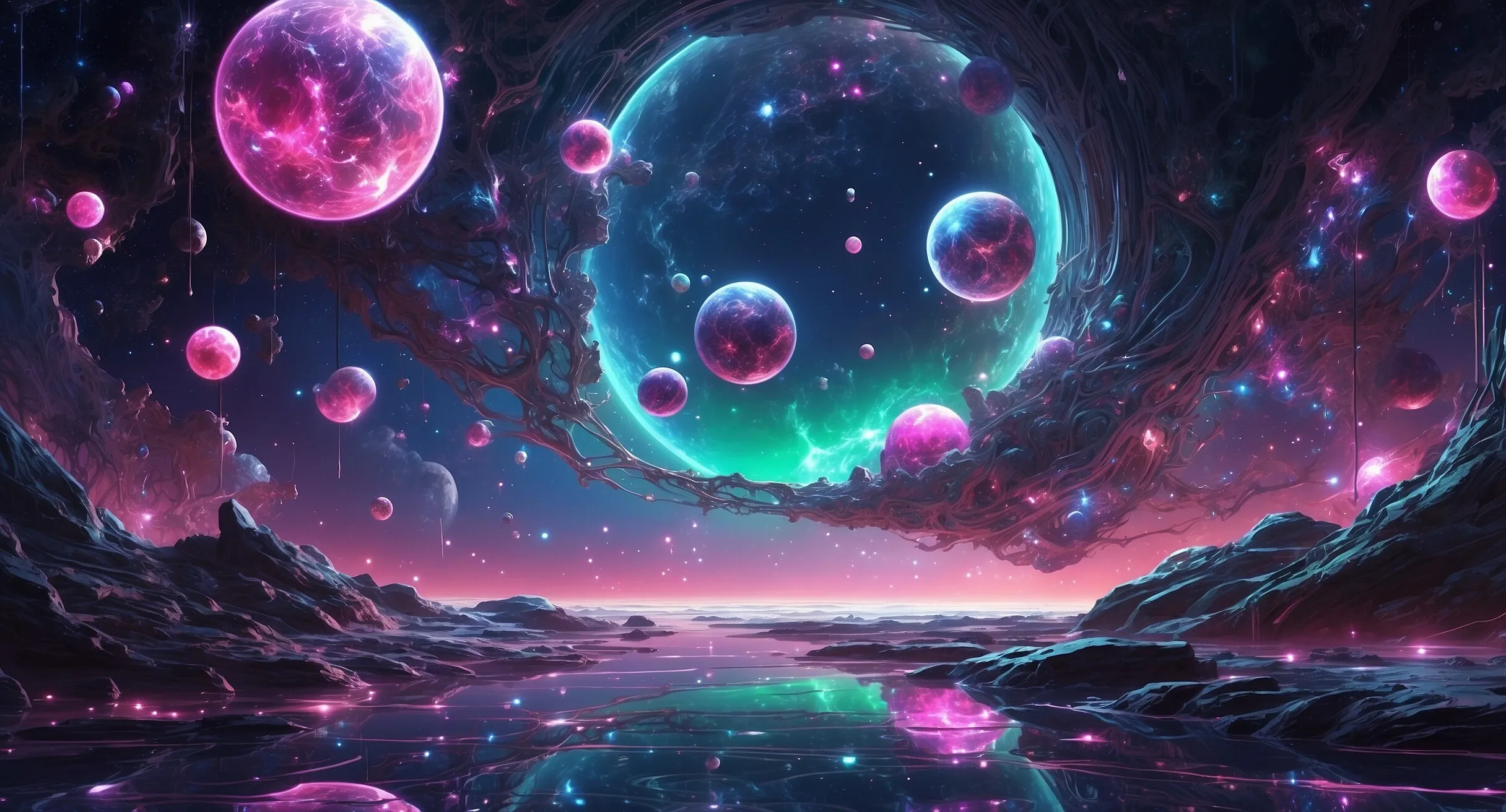 Leuchtende Kugeln und Planeten über einer Traumlandschaft