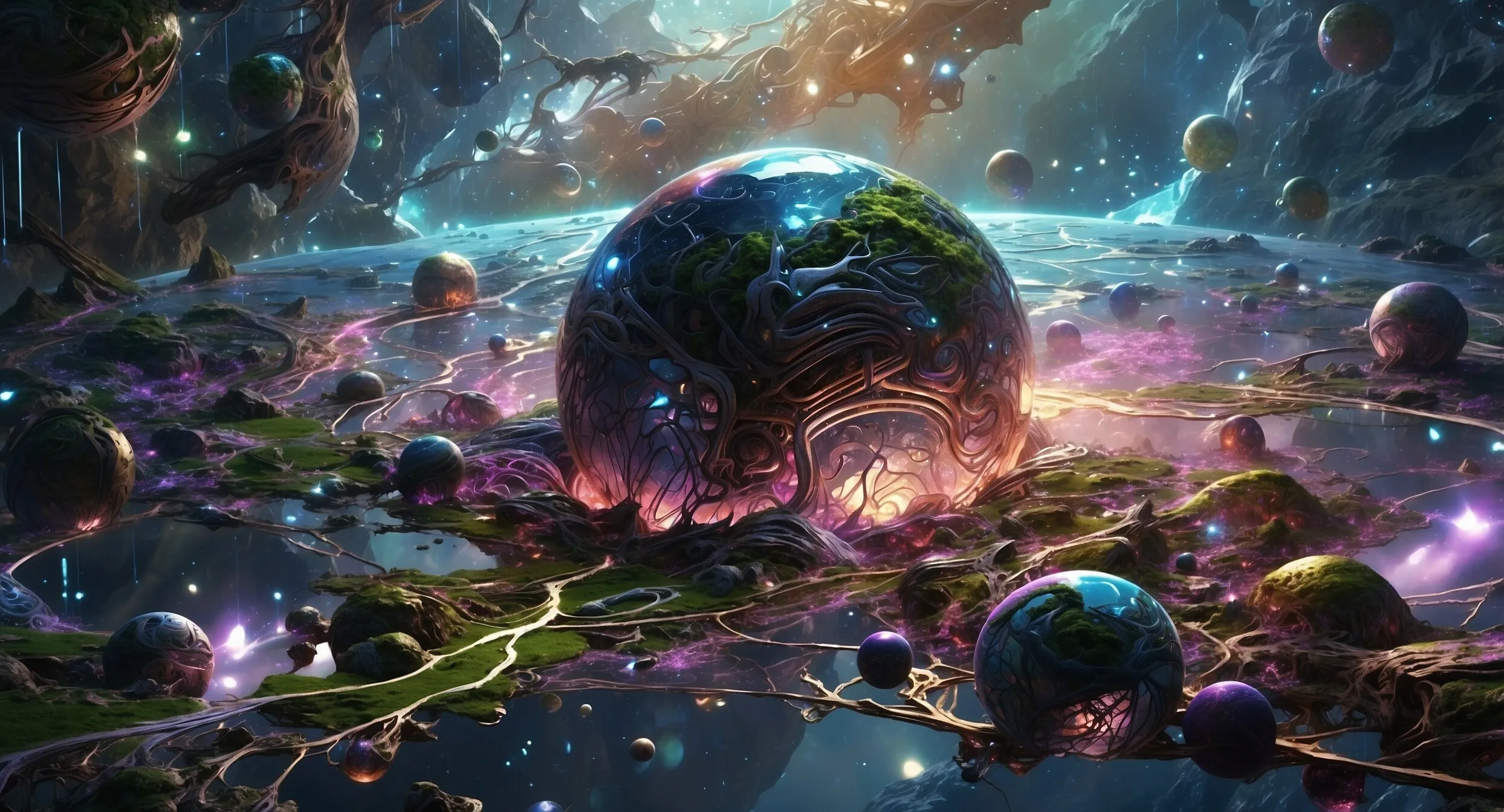 Leuchtende Kugeln und Planeten über einer Traumlandschaft