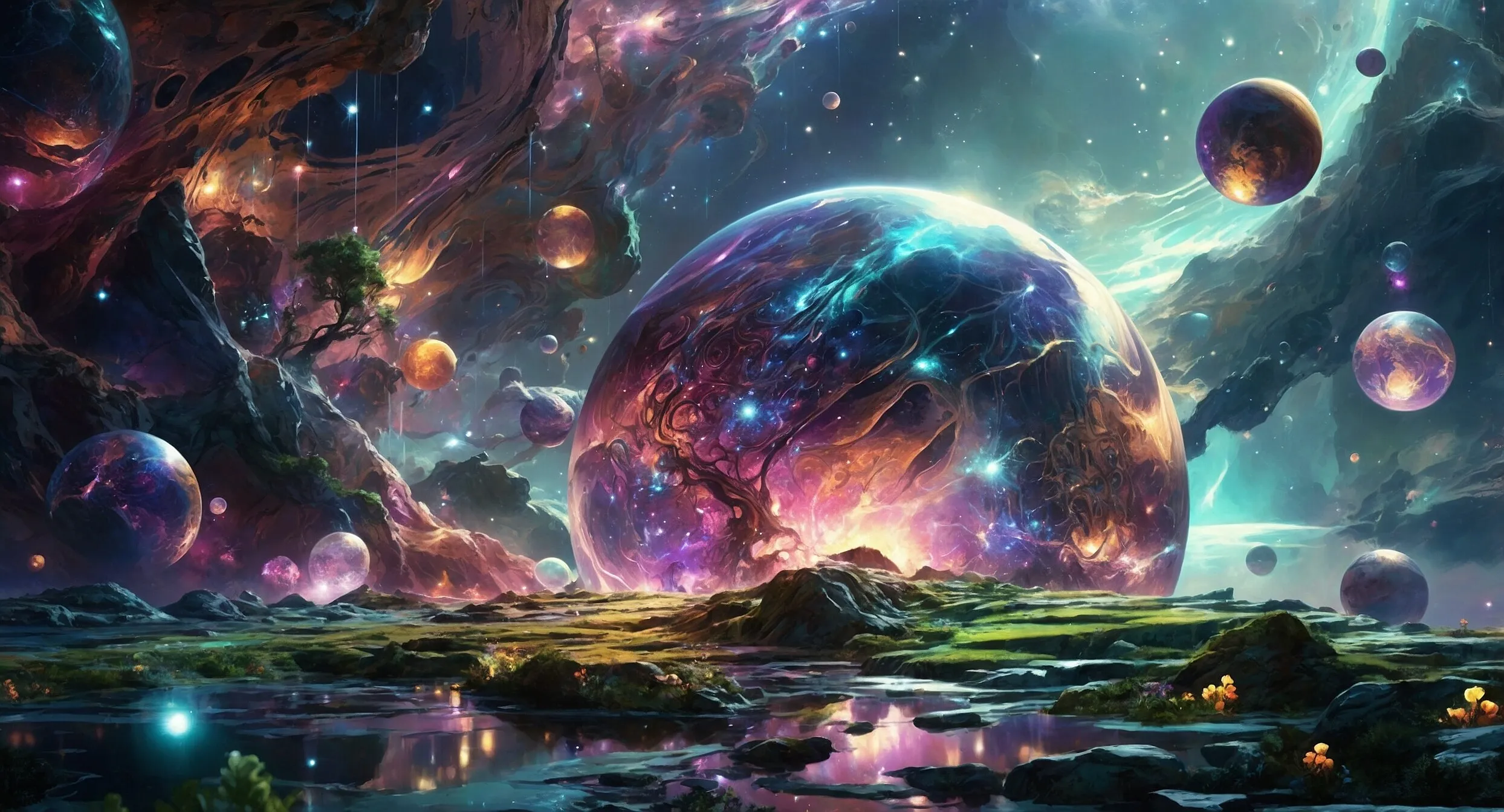 Leuchtende Kugeln und Planeten über einer Traumlandschaft