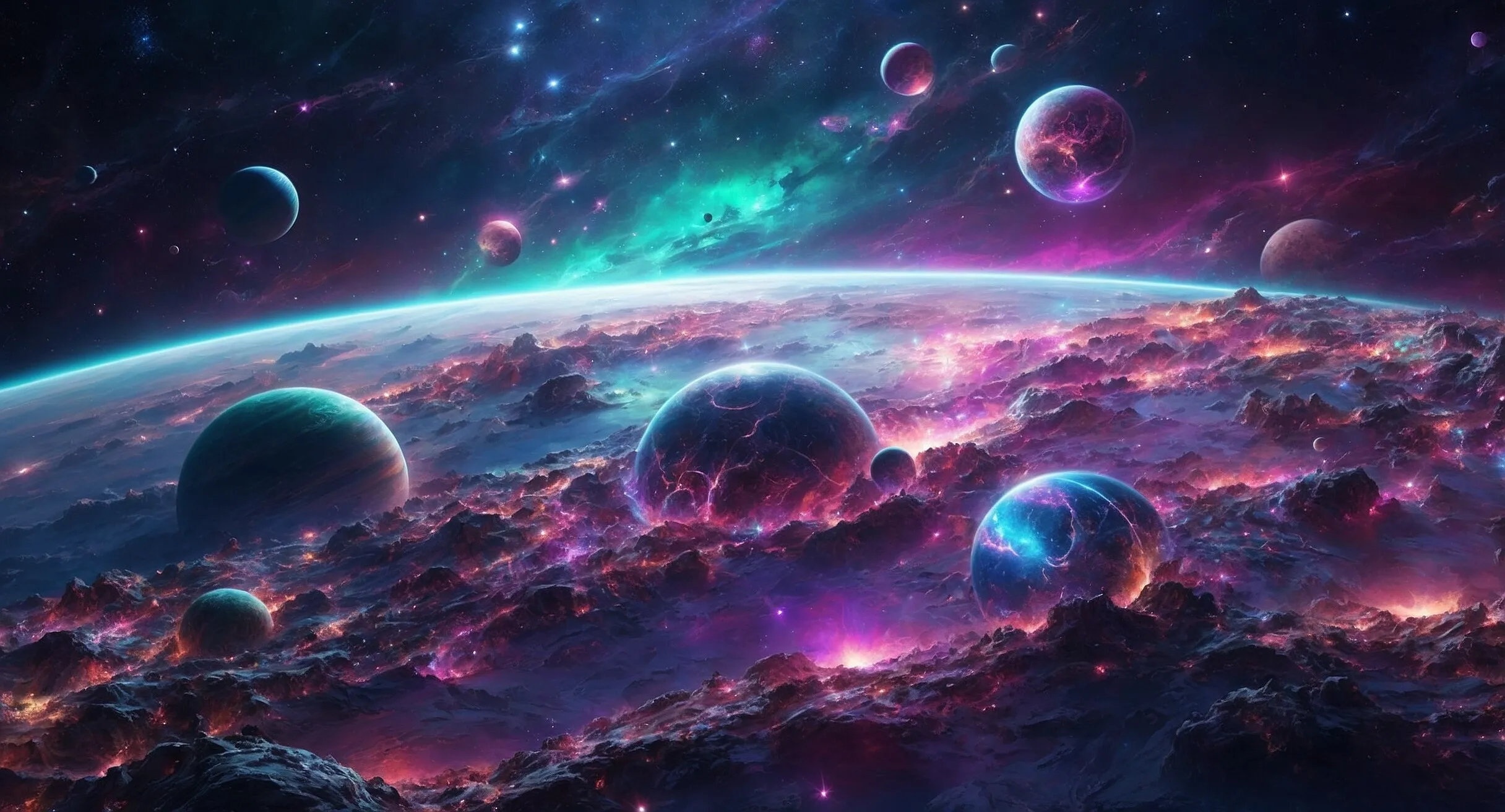 Leuchtende Kugeln und Planeten über einer Traumlandschaft