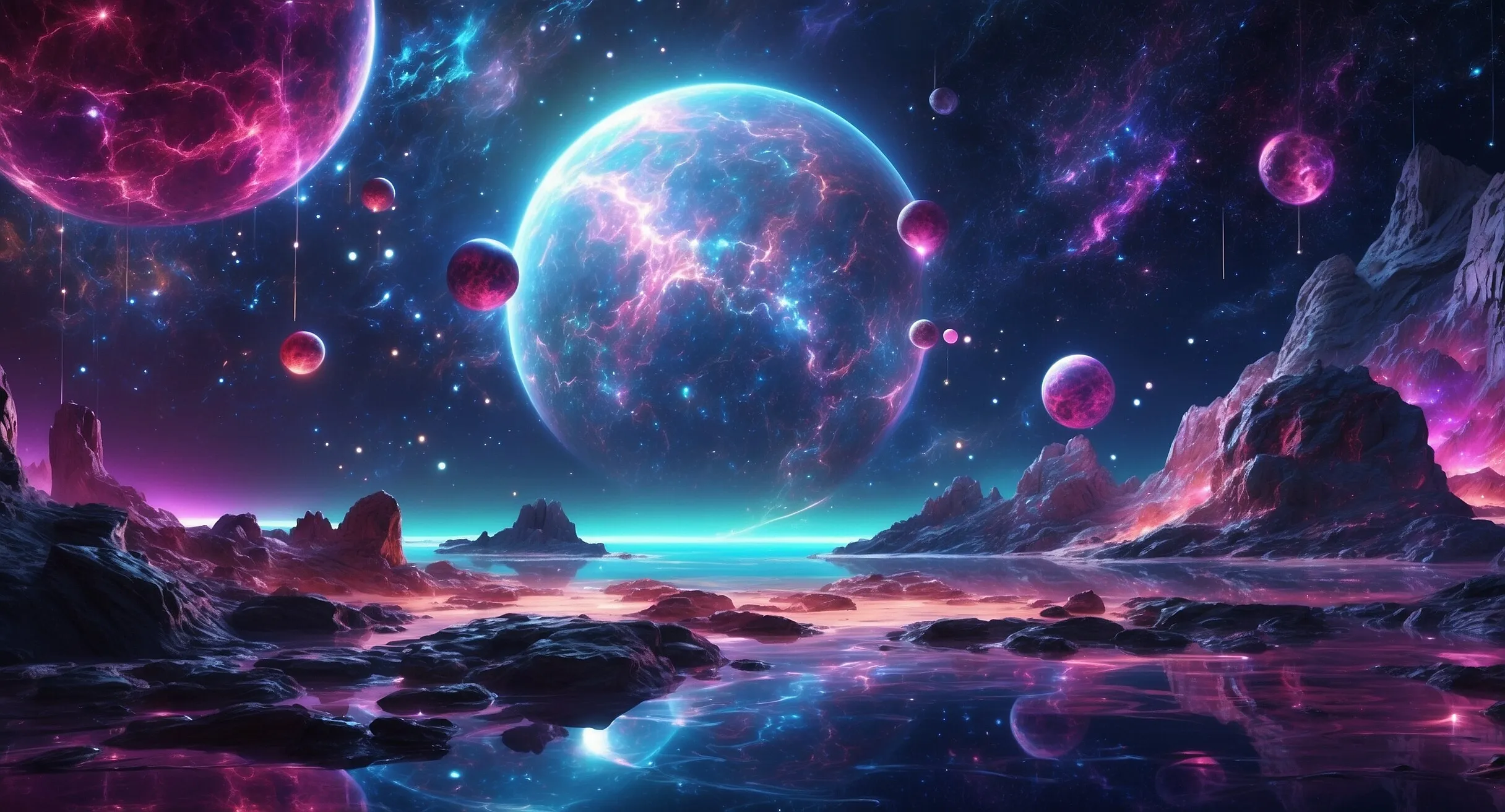 Leuchtende Kugeln und Planeten über einer Traumlandschaft