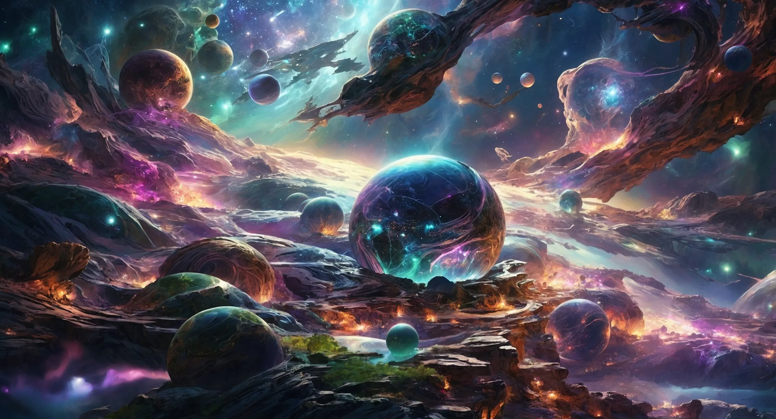 Leuchtende Kugeln und Planeten über einer Traumlandschaft