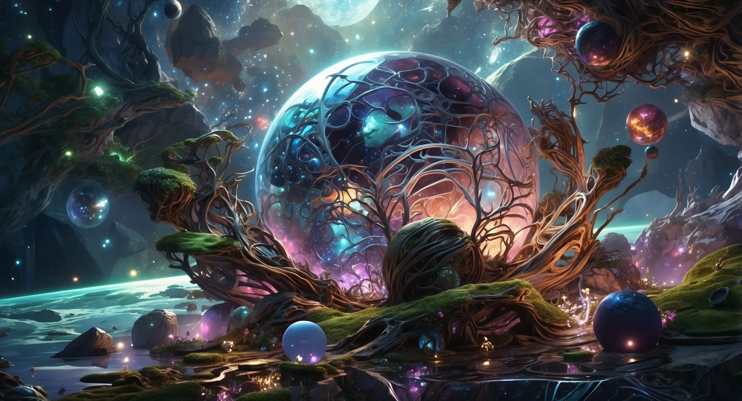 Leuchtende Kugeln und Planeten über einer Traumlandschaft