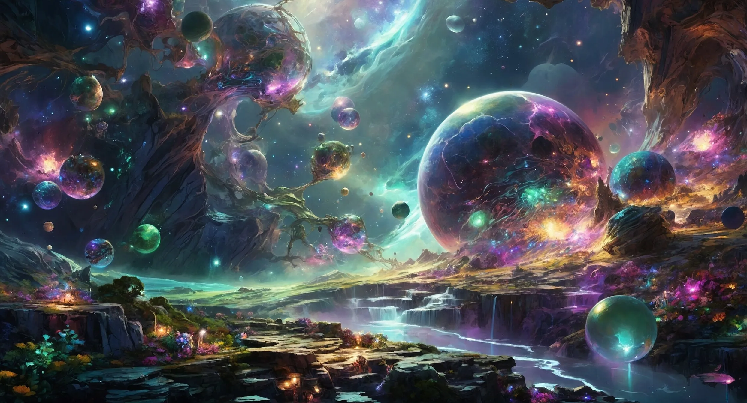 Leuchtende Kugeln und Planeten über einer Traumlandschaft