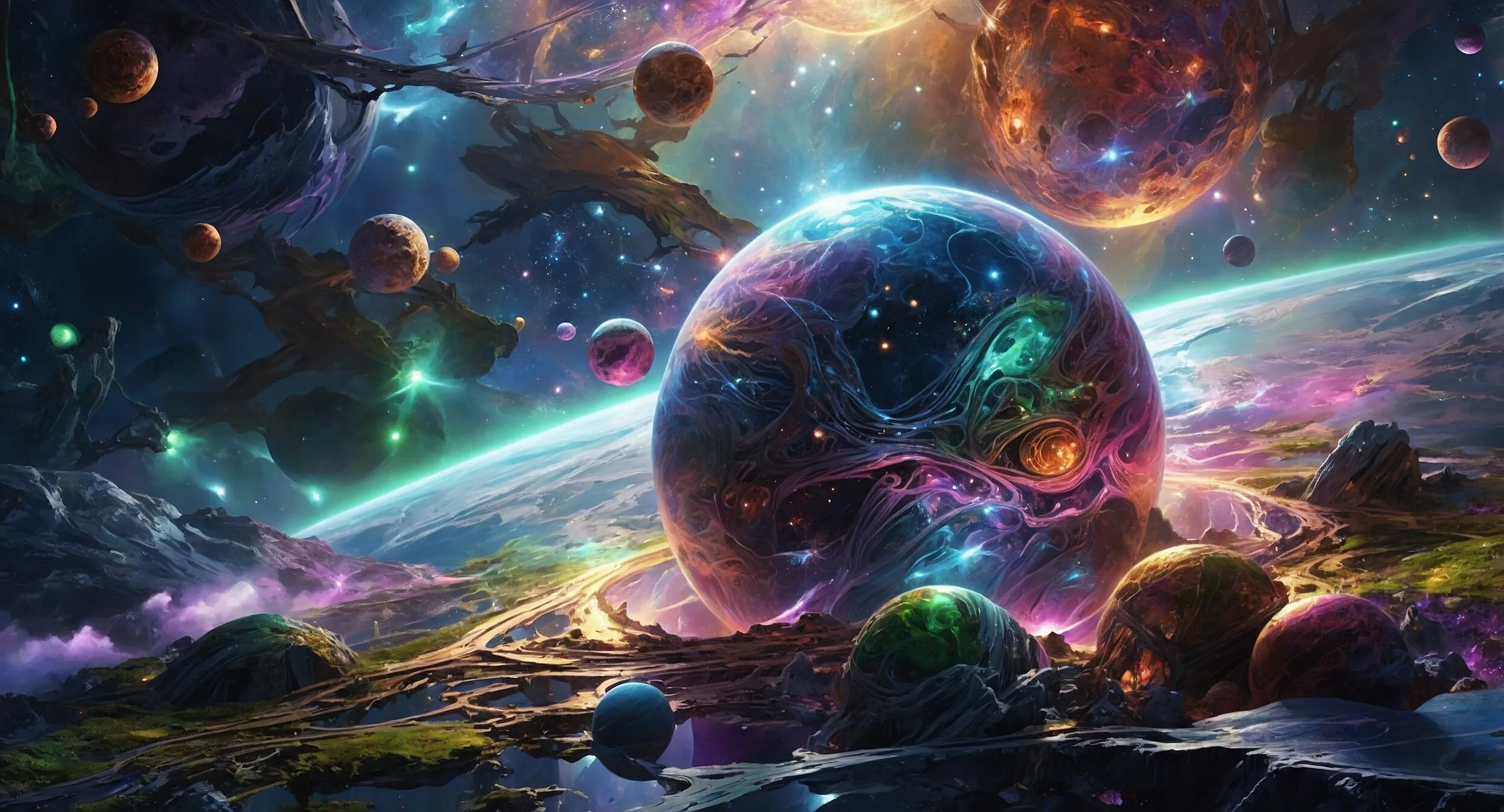 Leuchtende Kugeln und Planeten über einer Traumlandschaft