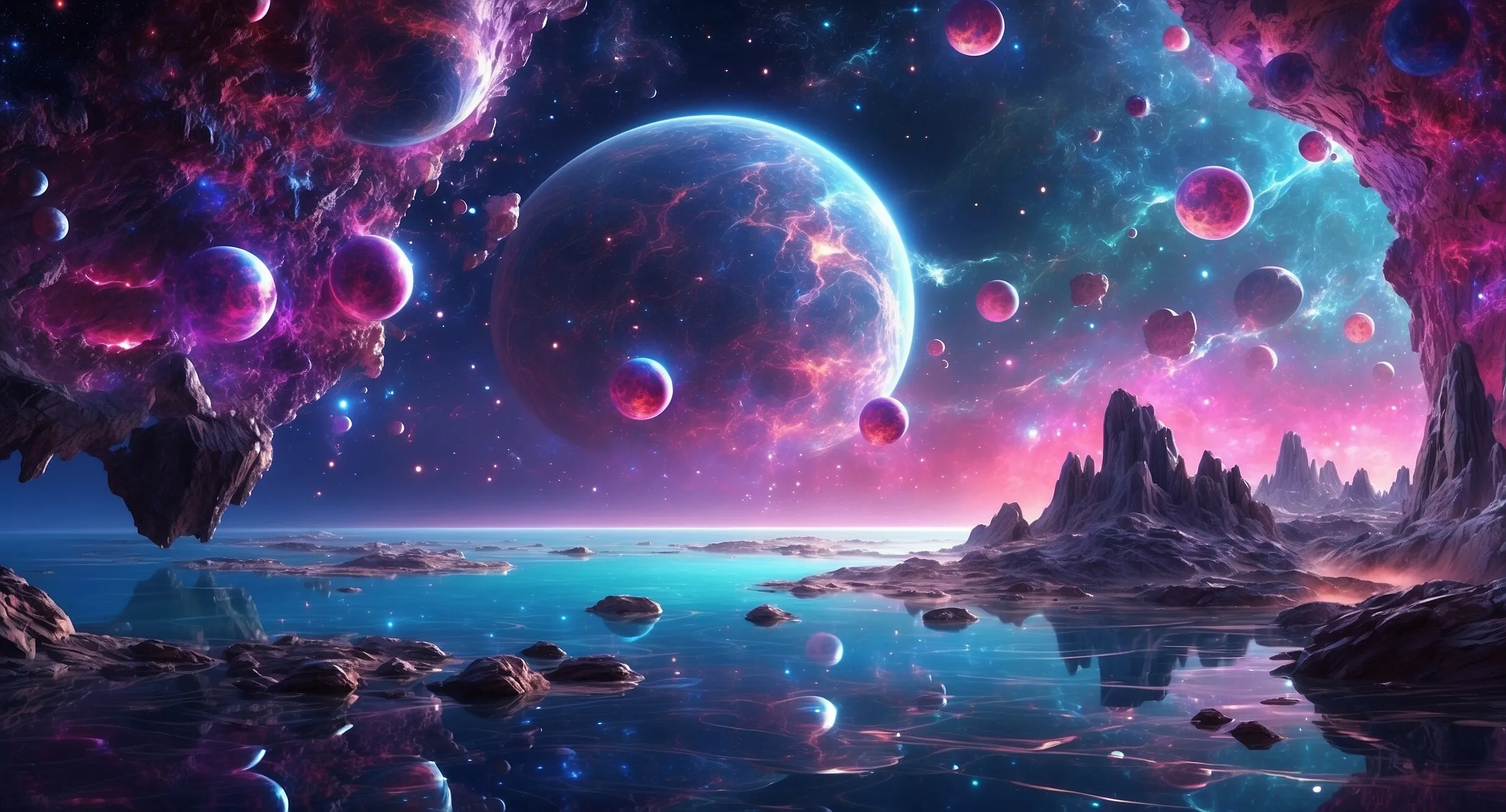Leuchtende Kugeln und Planeten über einer Traumlandschaft