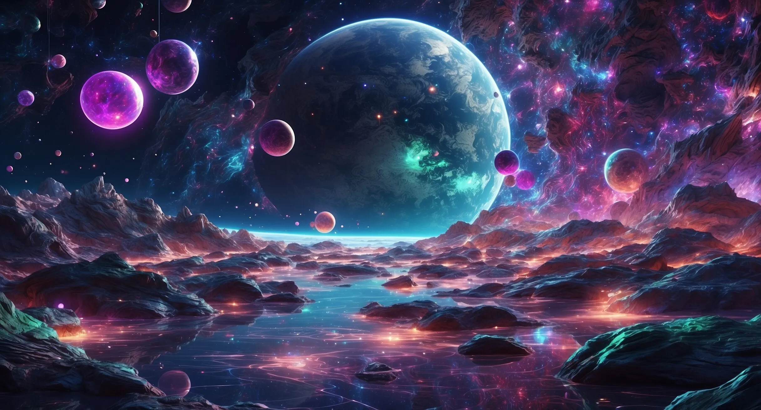 Leuchtende Kugeln und Planeten über einer Traumlandschaft