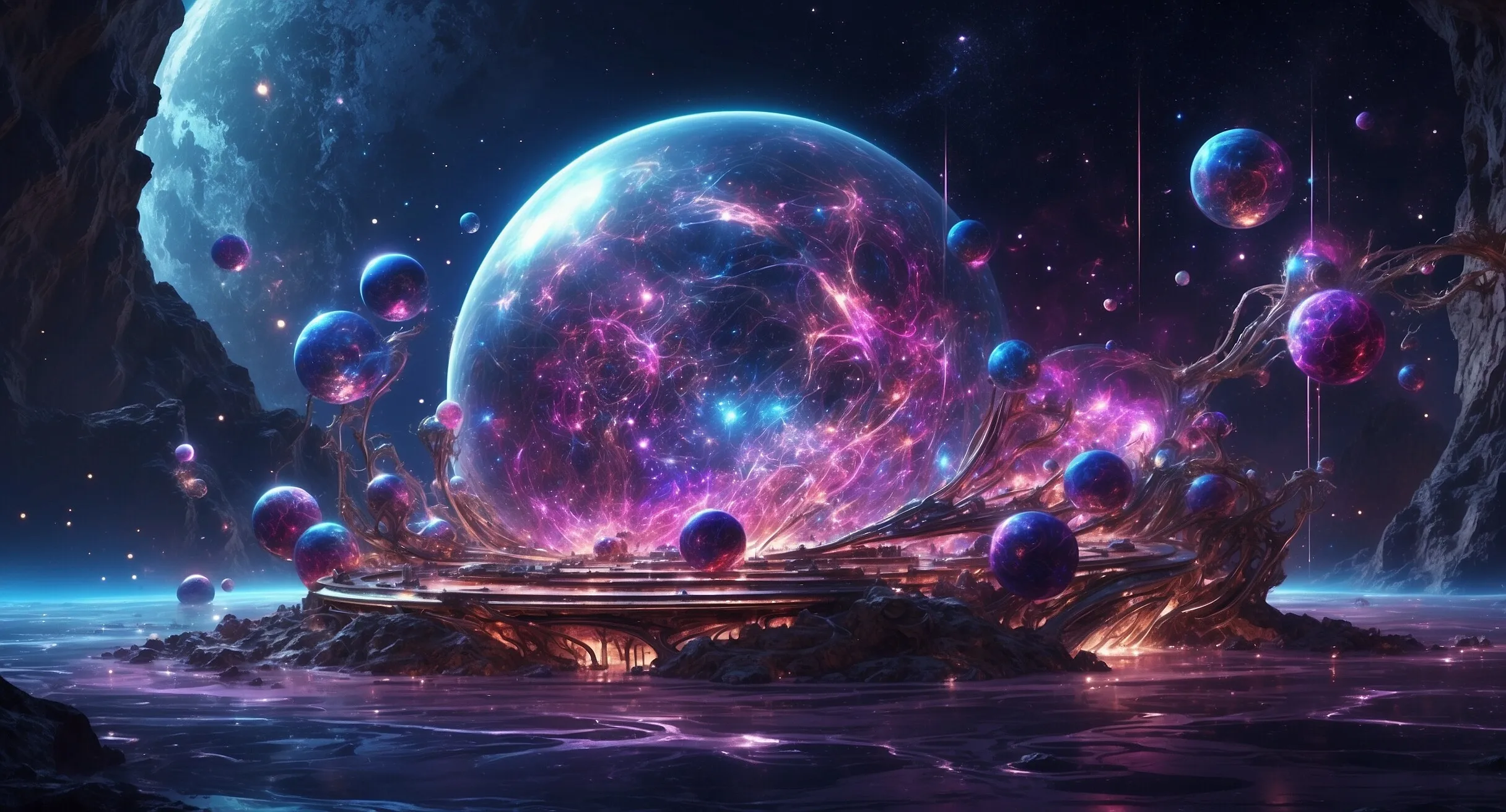Leuchtende Kugeln und Planeten über einer Traumlandschaft
