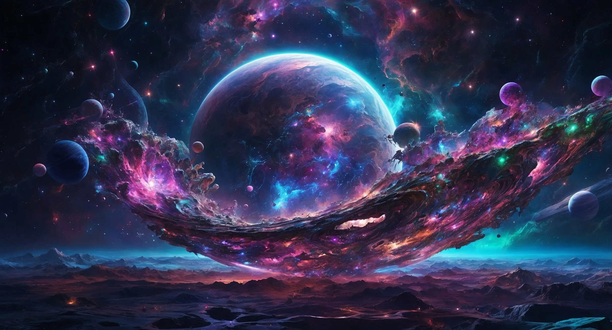 Leuchtende Kugeln und Planeten über einer Traumlandschaft