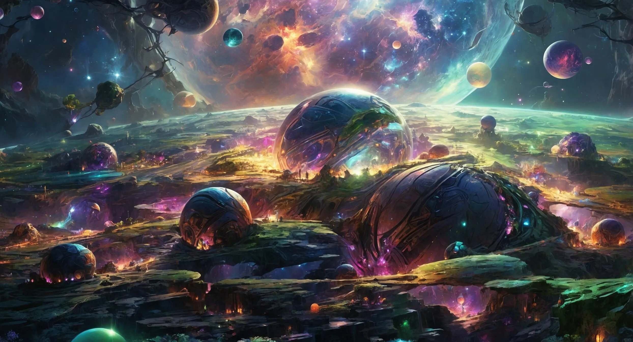 Leuchtende Kugeln und Planeten über einer Traumlandschaft