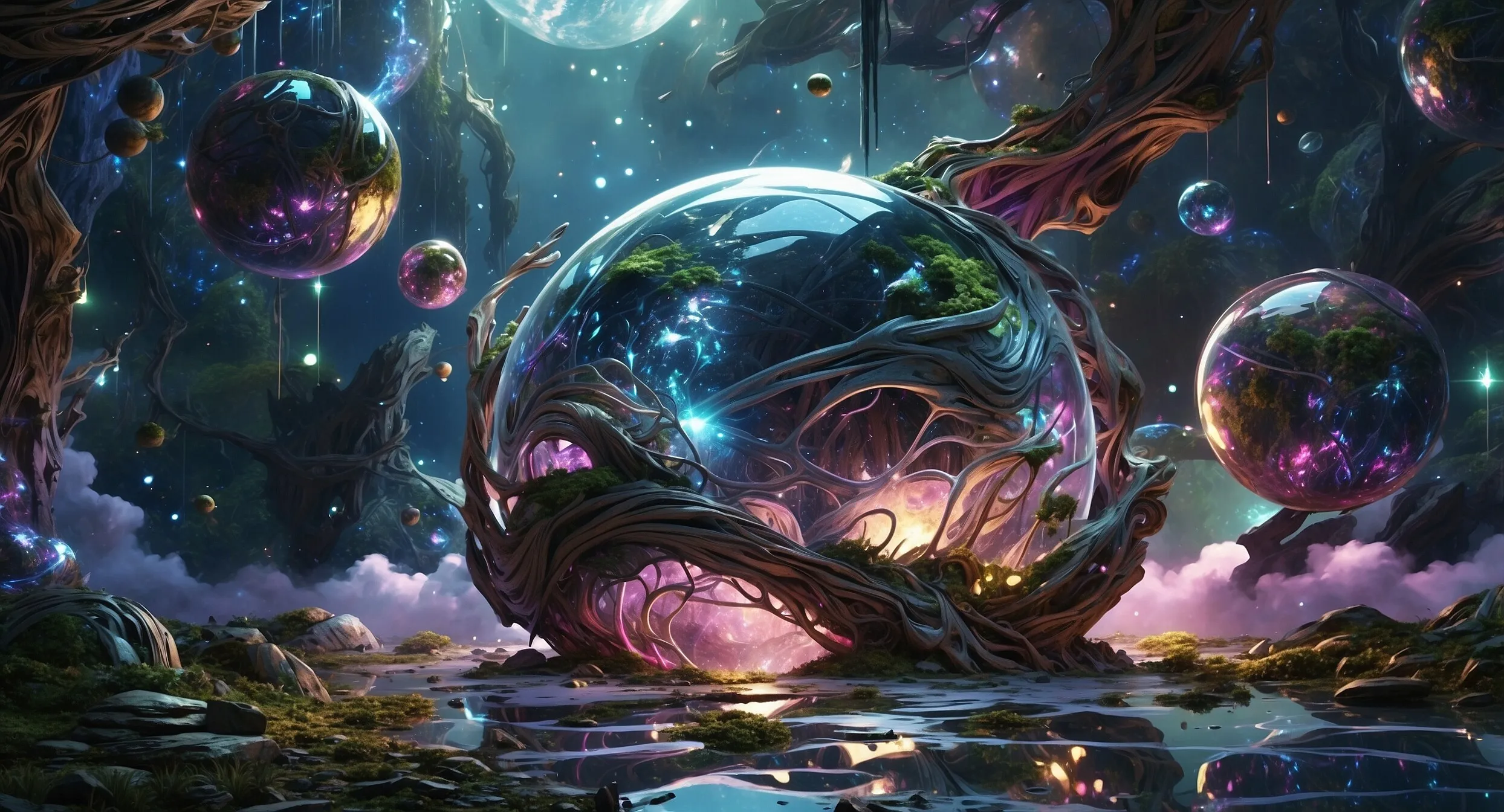 Leuchtende Kugeln und Planeten über einer Traumlandschaft