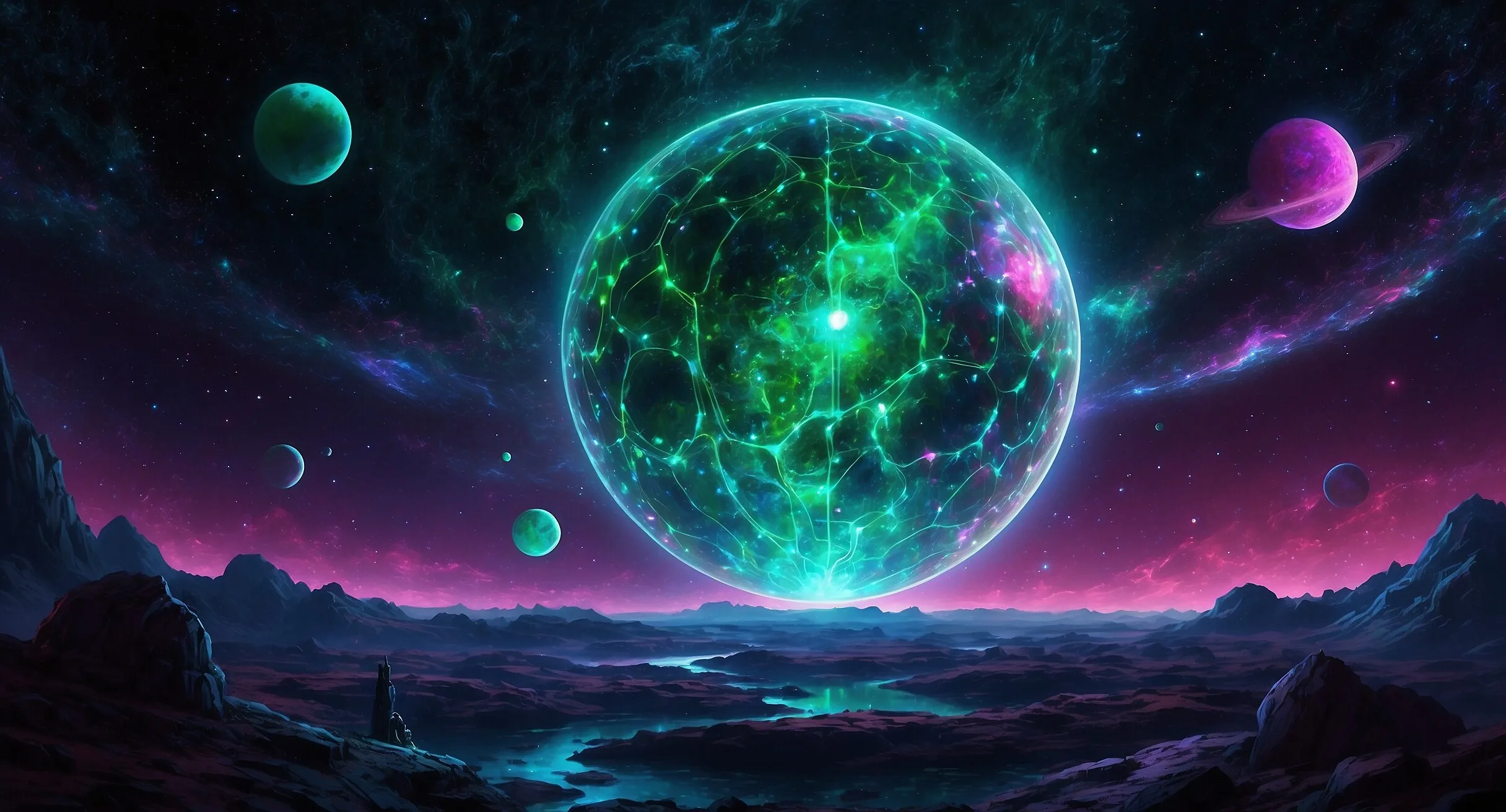 Leuchtende Kugeln und Planeten über einer Traumlandschaft