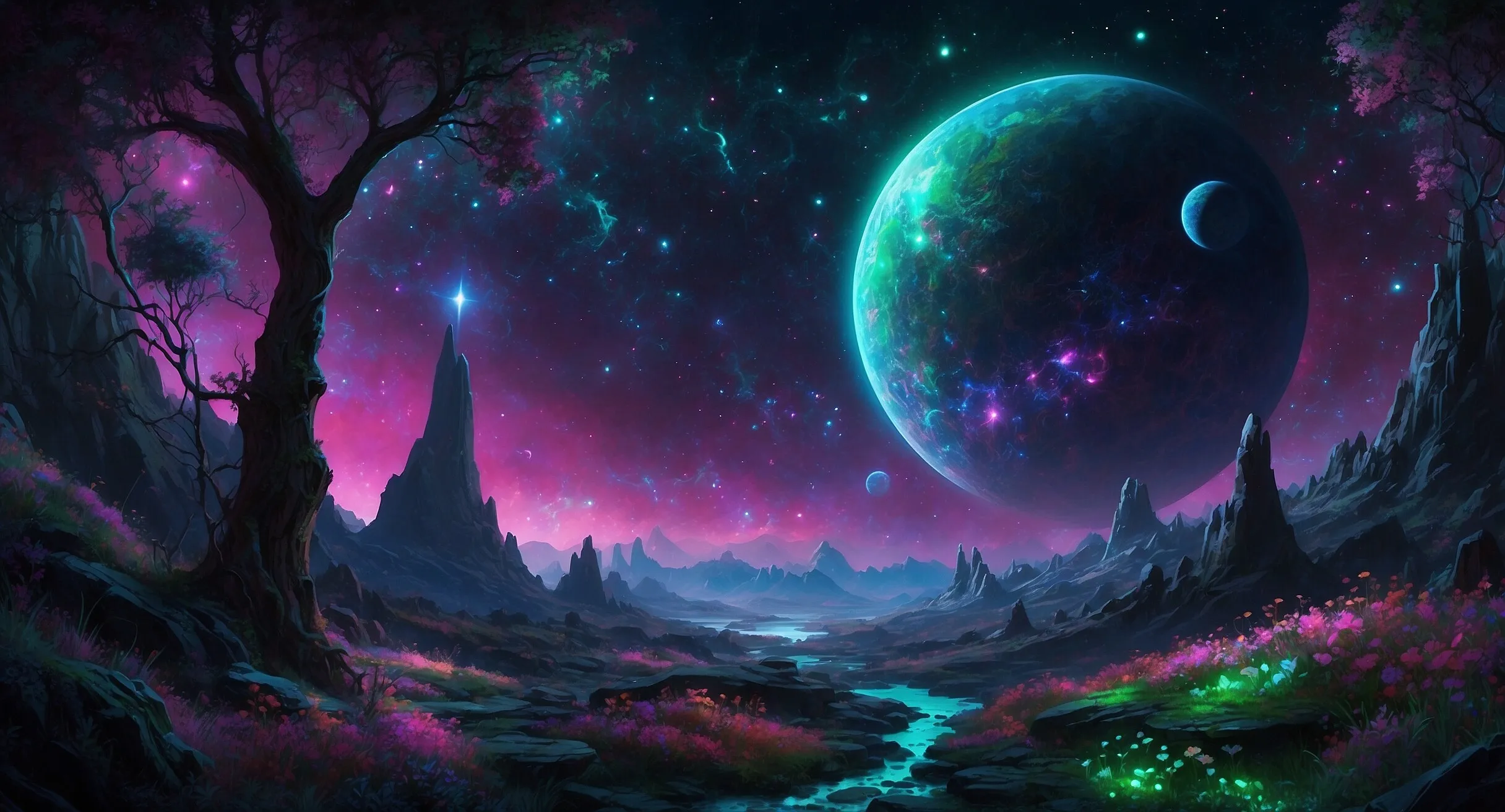 Leuchtende Kugeln und Planeten über einer Traumlandschaft