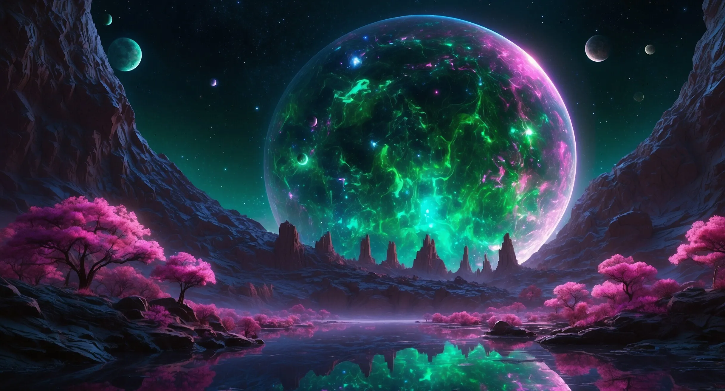 Leuchtende Kugeln und Planeten über einer Traumlandschaft