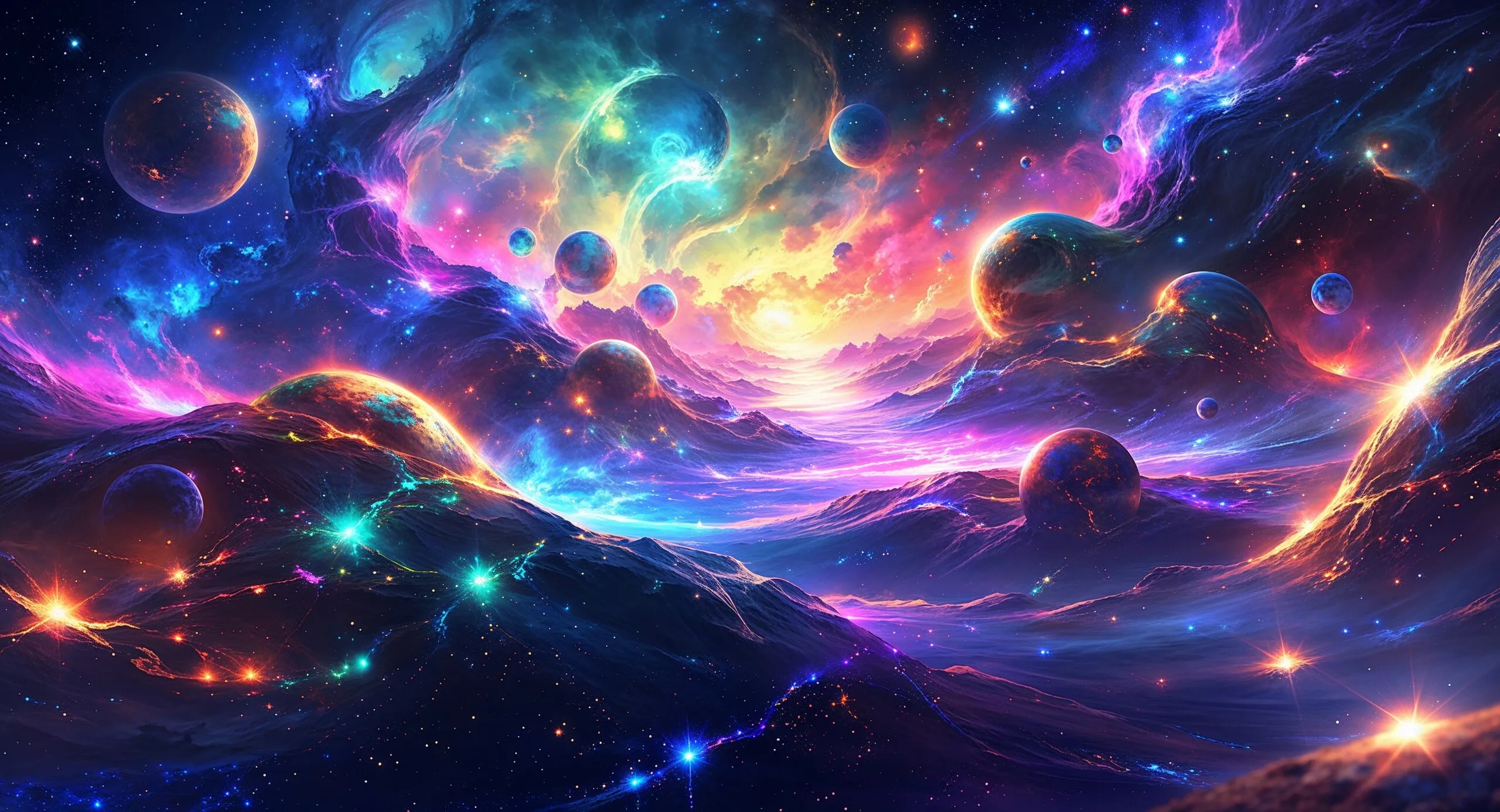 Leuchtende Kugeln und Planeten über einer Traumlandschaft