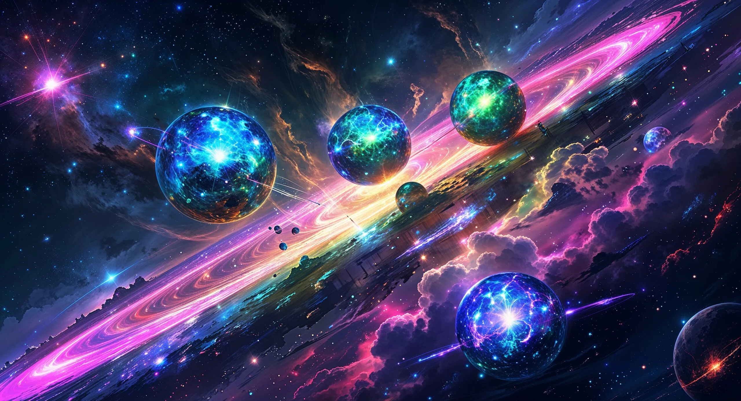 Leuchtende Kugeln und Planeten über einer Traumlandschaft