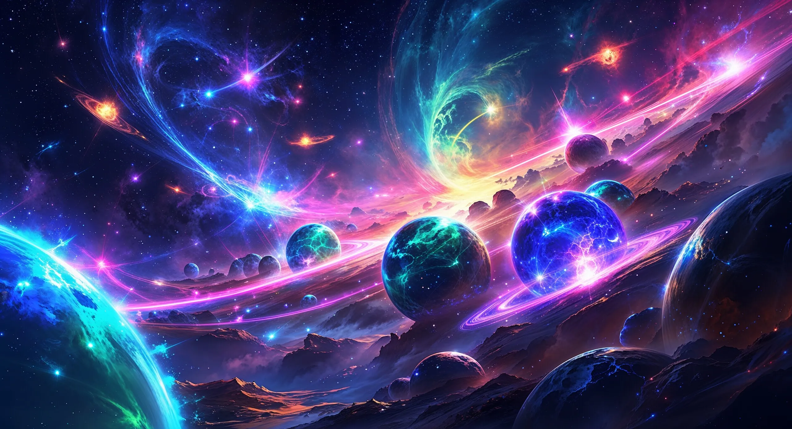 Leuchtende Kugeln und Planeten über einer Traumlandschaft