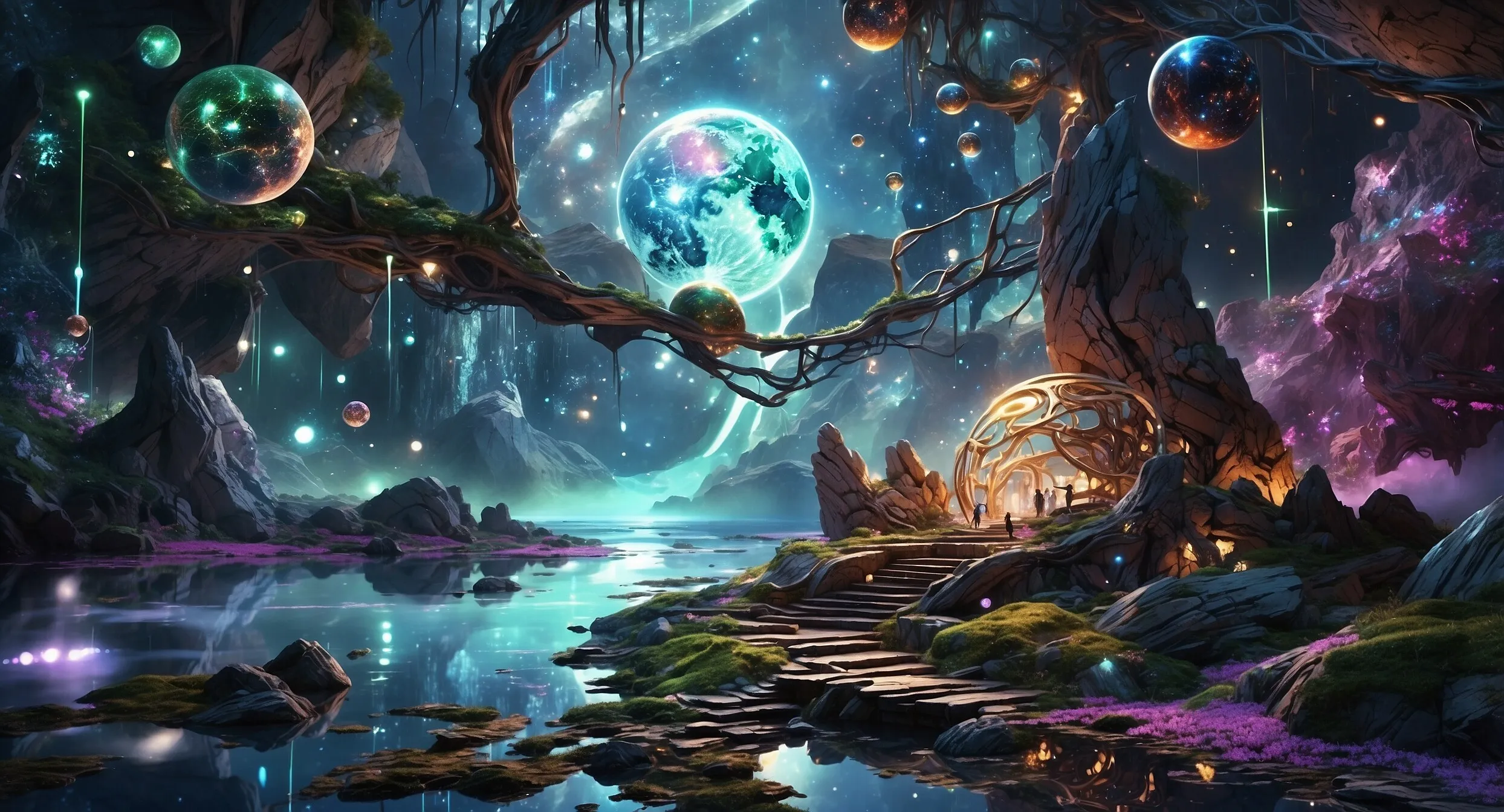 Leuchtende Kugeln und Planeten über einer Traumlandschaft