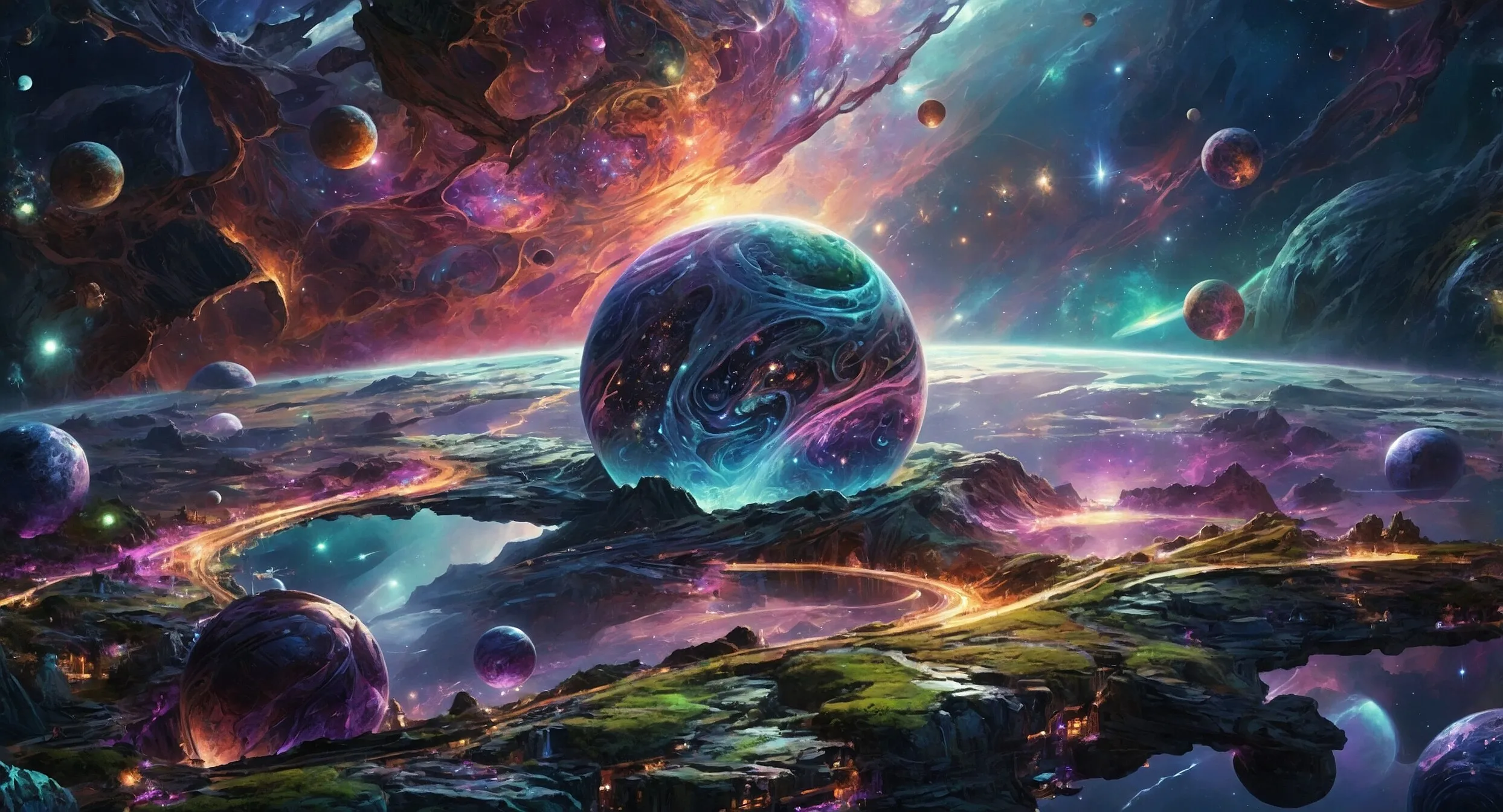Leuchtende Kugeln und Planeten über einer Traumlandschaft