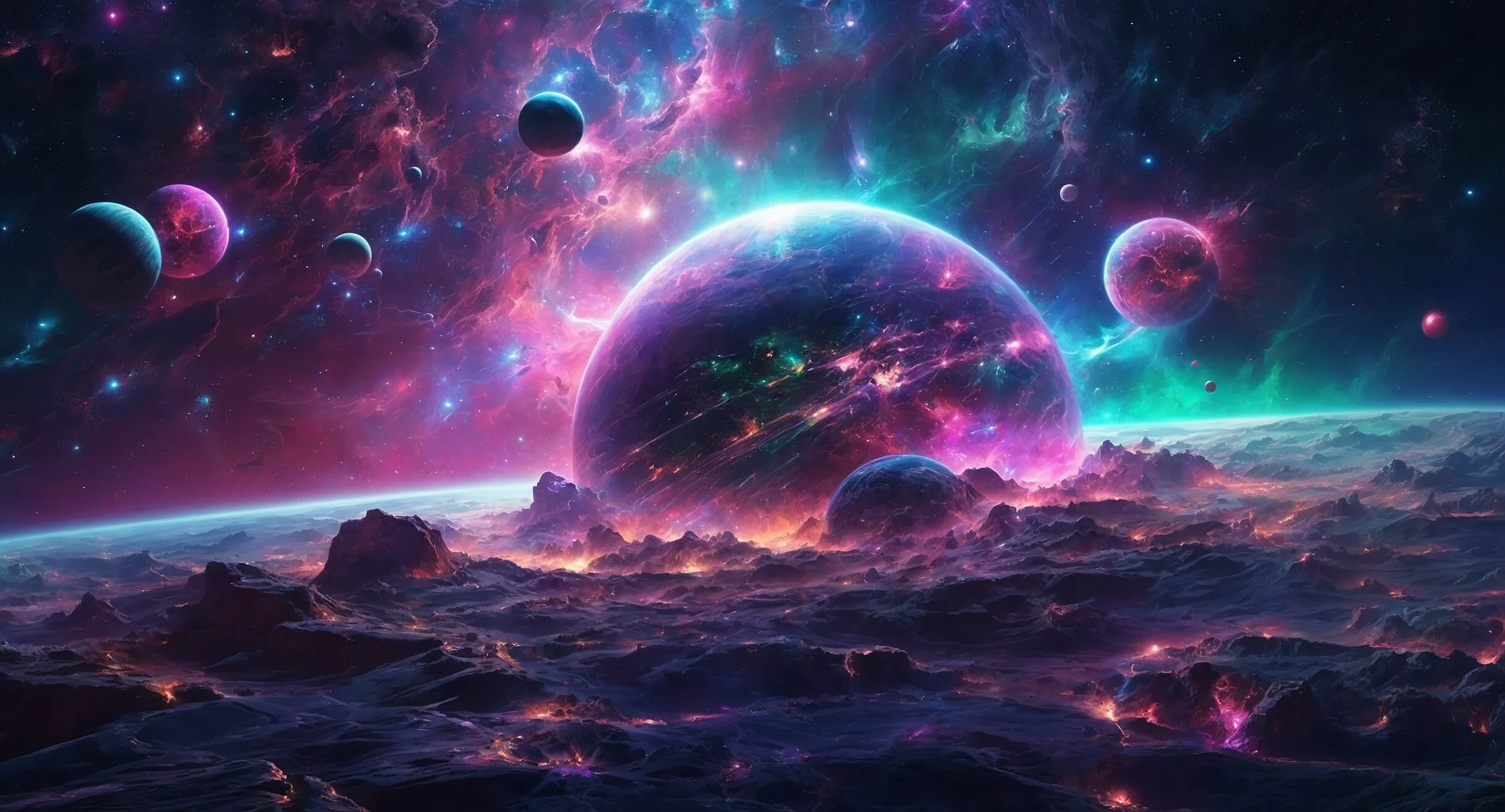 Leuchtende Kugeln und Planeten über einer Traumlandschaft