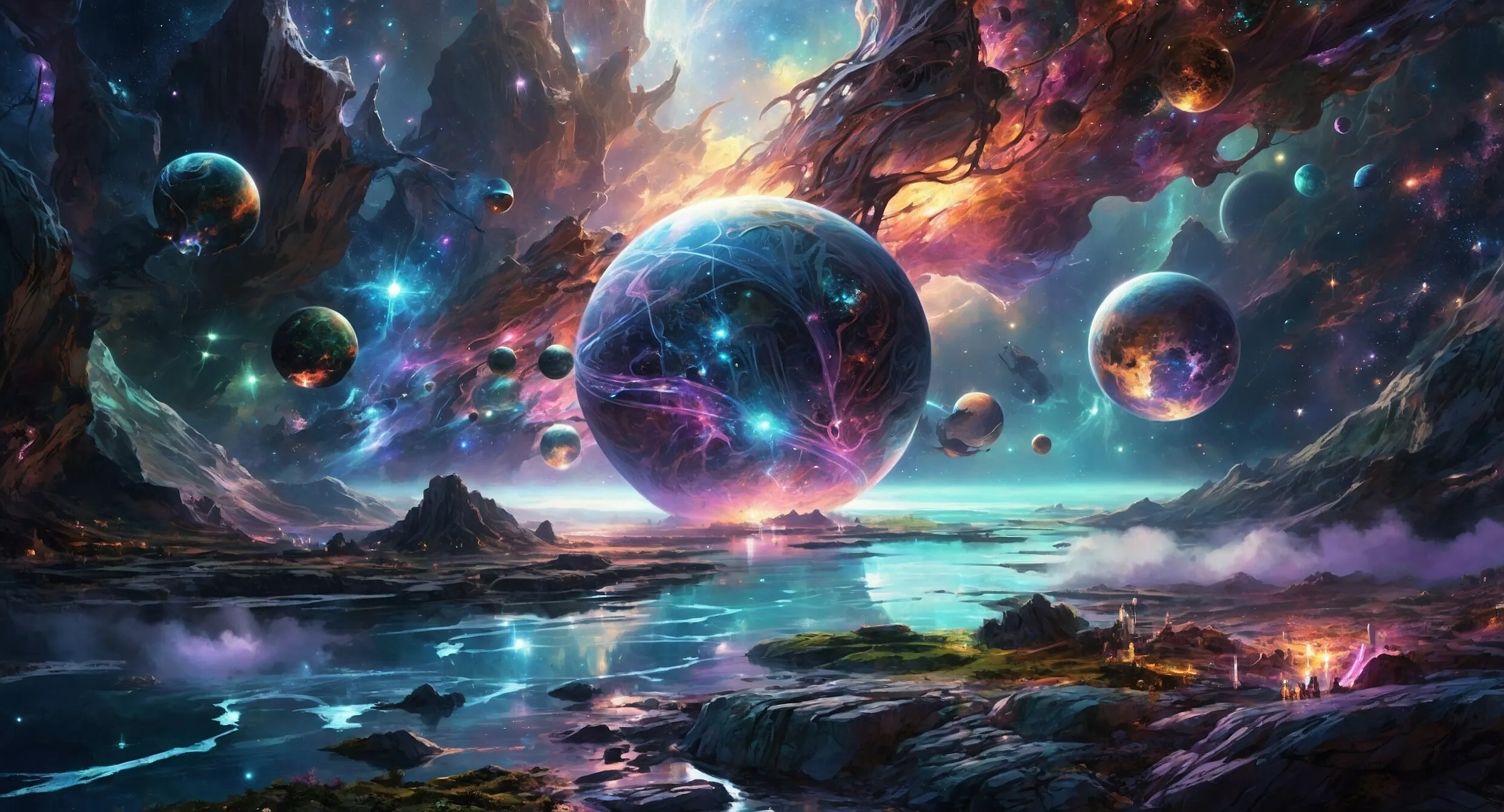 Leuchtende Kugeln und Planeten über einer Traumlandschaft