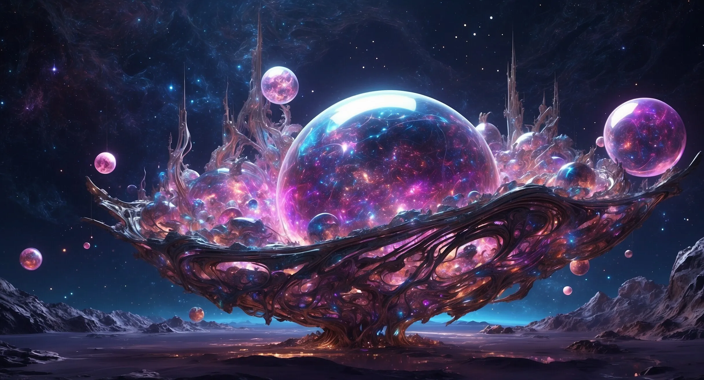 Leuchtende Kugeln und Planeten über einer Traumlandschaft