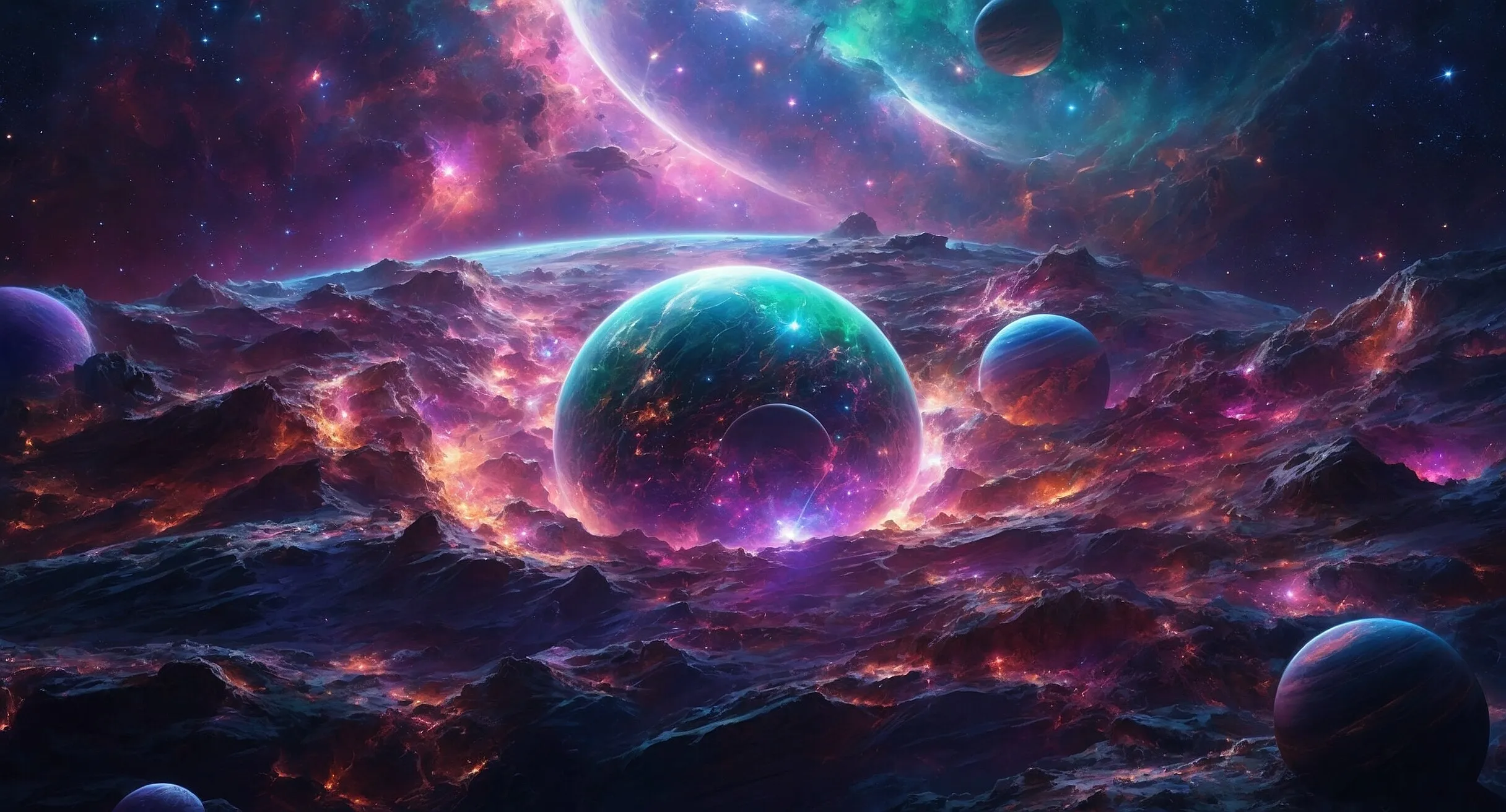 Leuchtende Kugeln und Planeten über einer Traumlandschaft