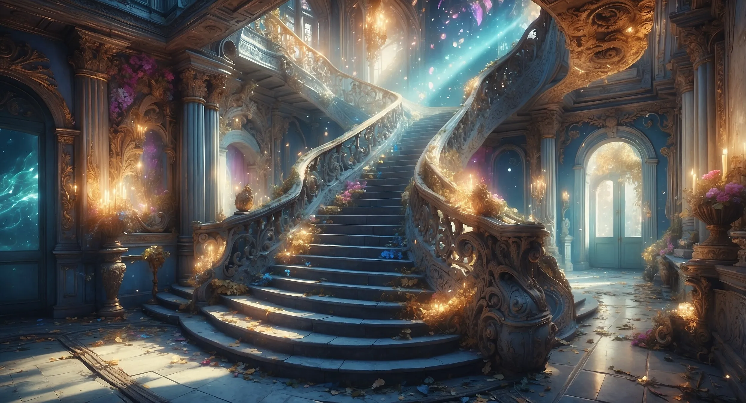 Verfallene Barocktreppe mit Licht und Kristallen