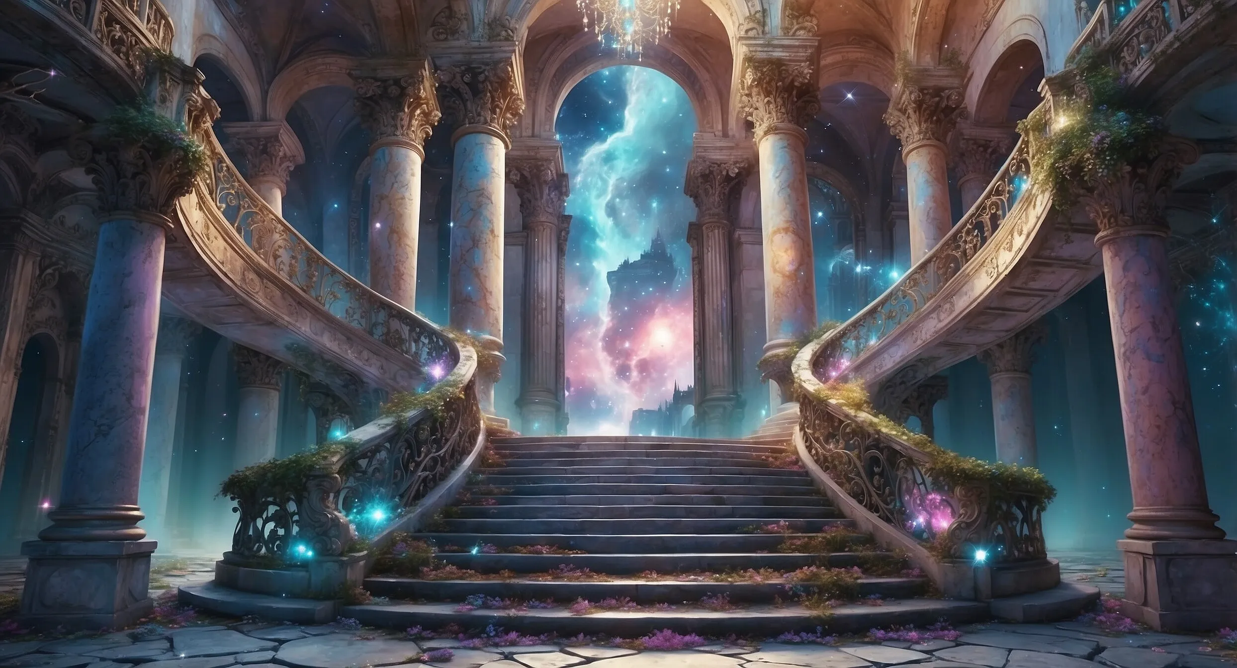 Verfallene Barocktreppe mit Licht und Kristallen