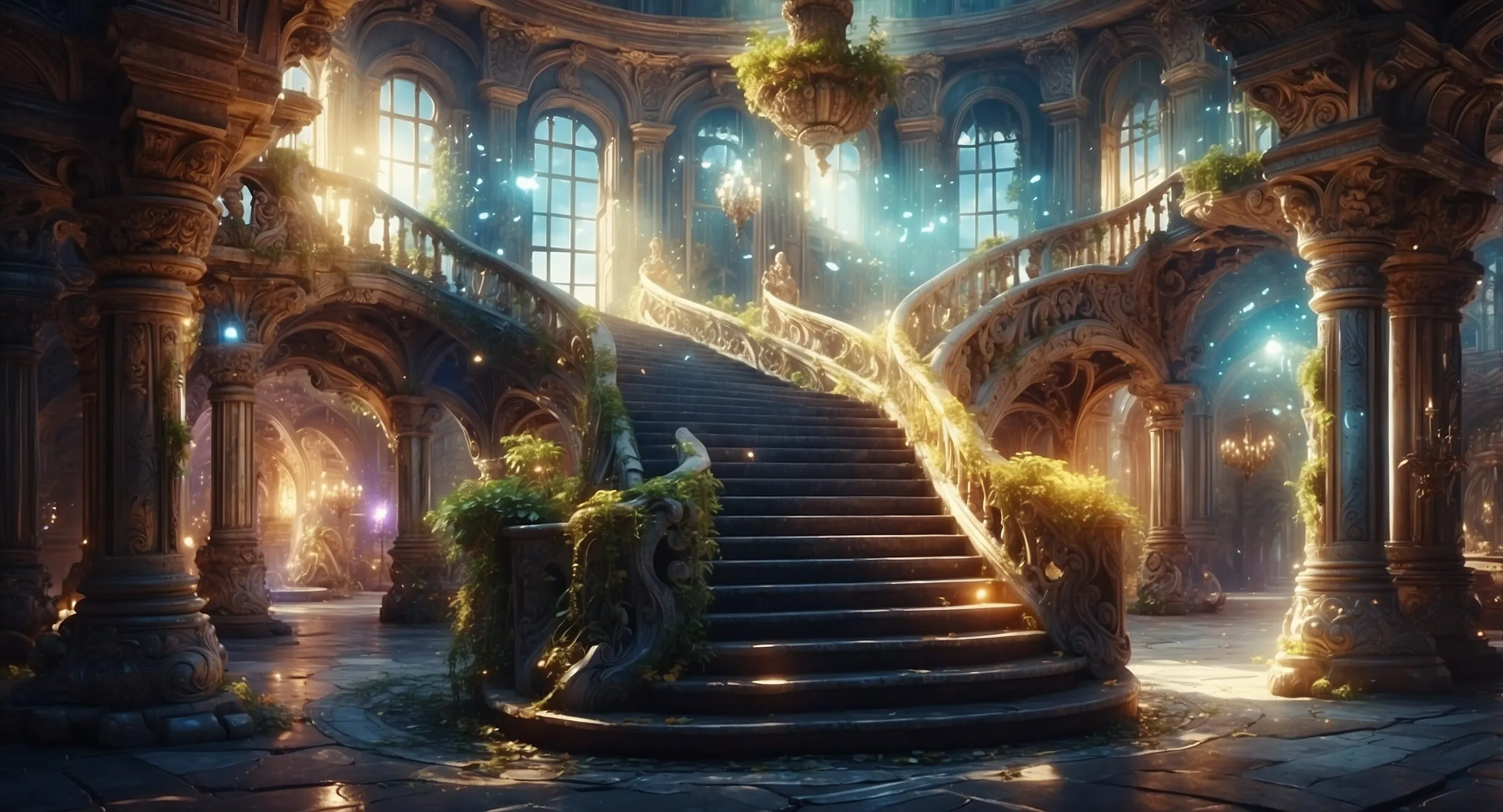 Verfallene Barocktreppe mit Licht und Kristallen
