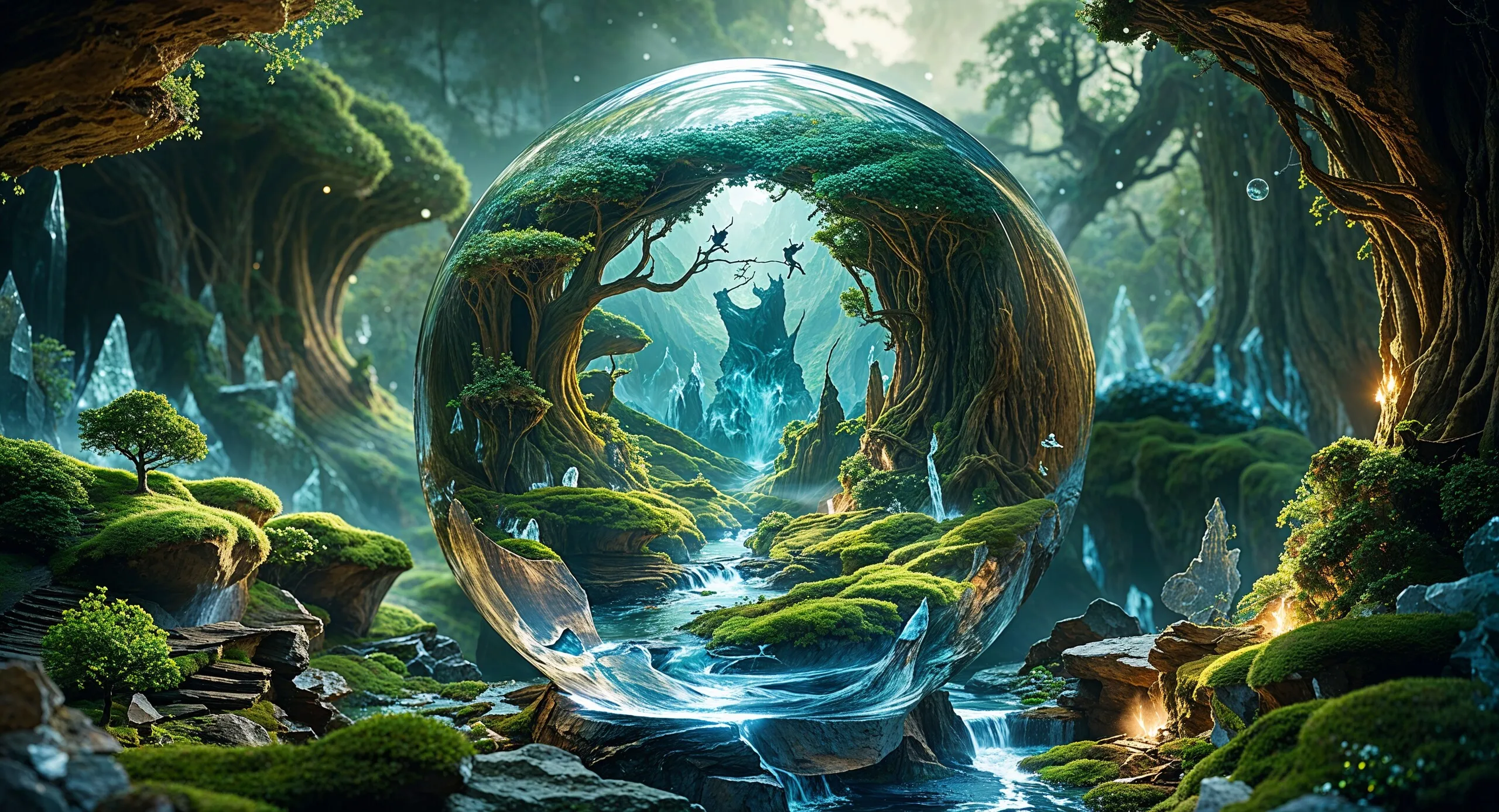 Kristallkugel mit einer verborgenen Waldwelt