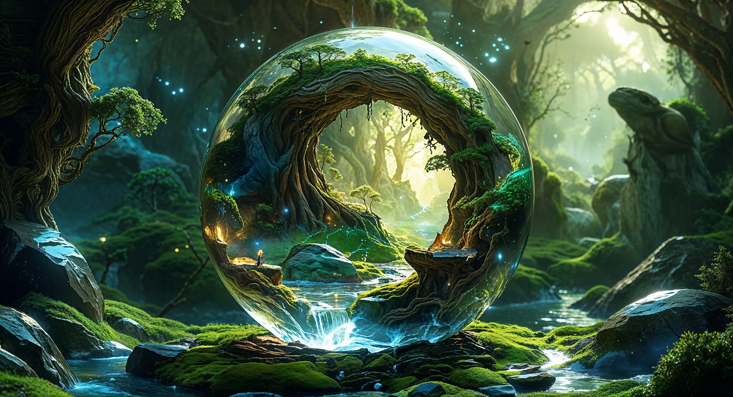 Kristallkugel mit einer verborgenen Waldwelt