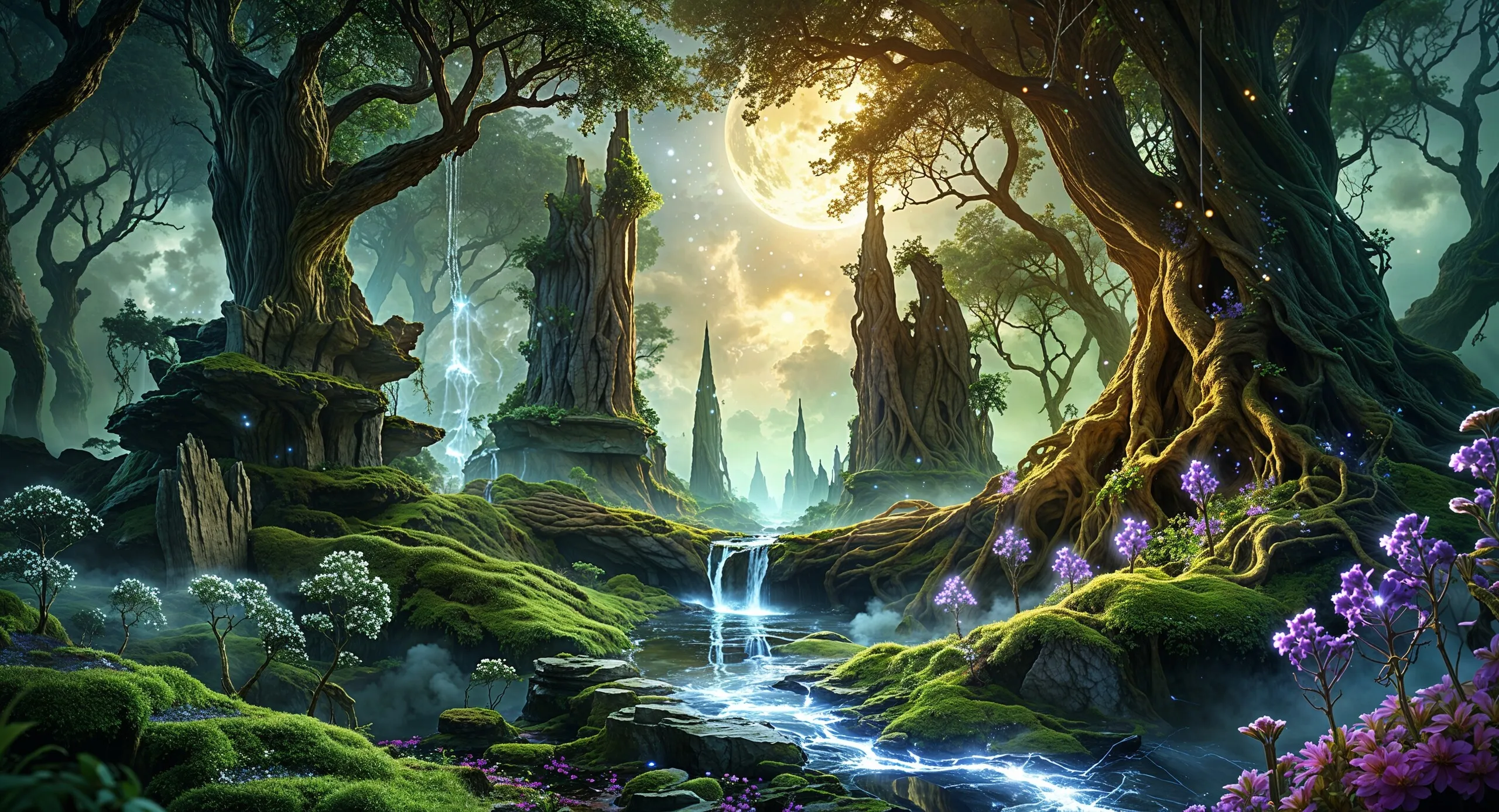 Zauberlandschaft mit Kristallen, Portalen und leuchtendem Wasser