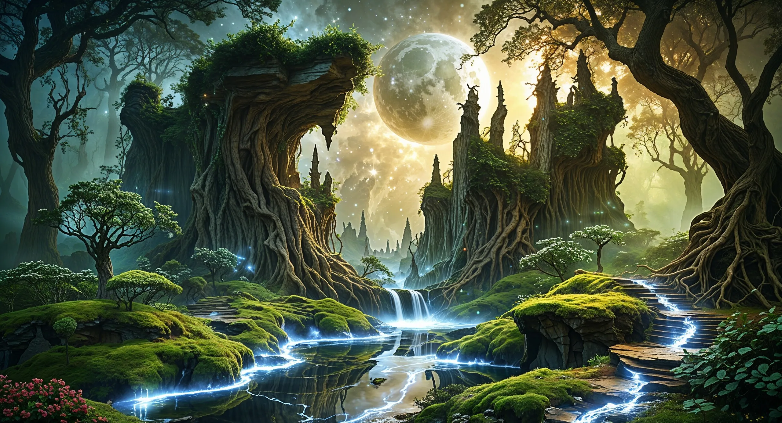Zauberlandschaft mit Kristallen, Portalen und leuchtendem Wasser