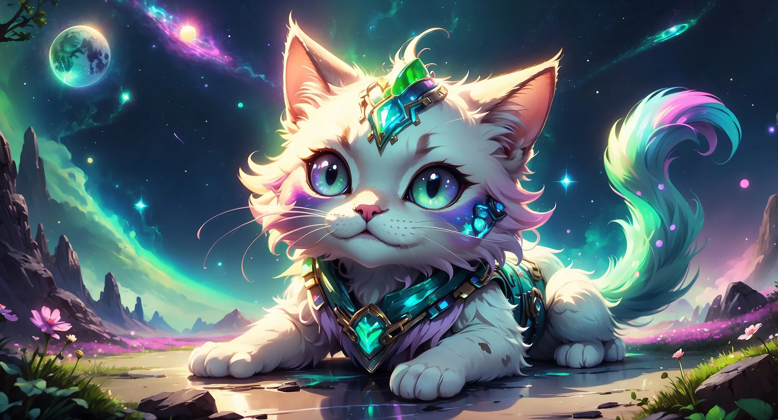 Niedliches Fantasy-Katzenwesen mit Juwelenhalsband