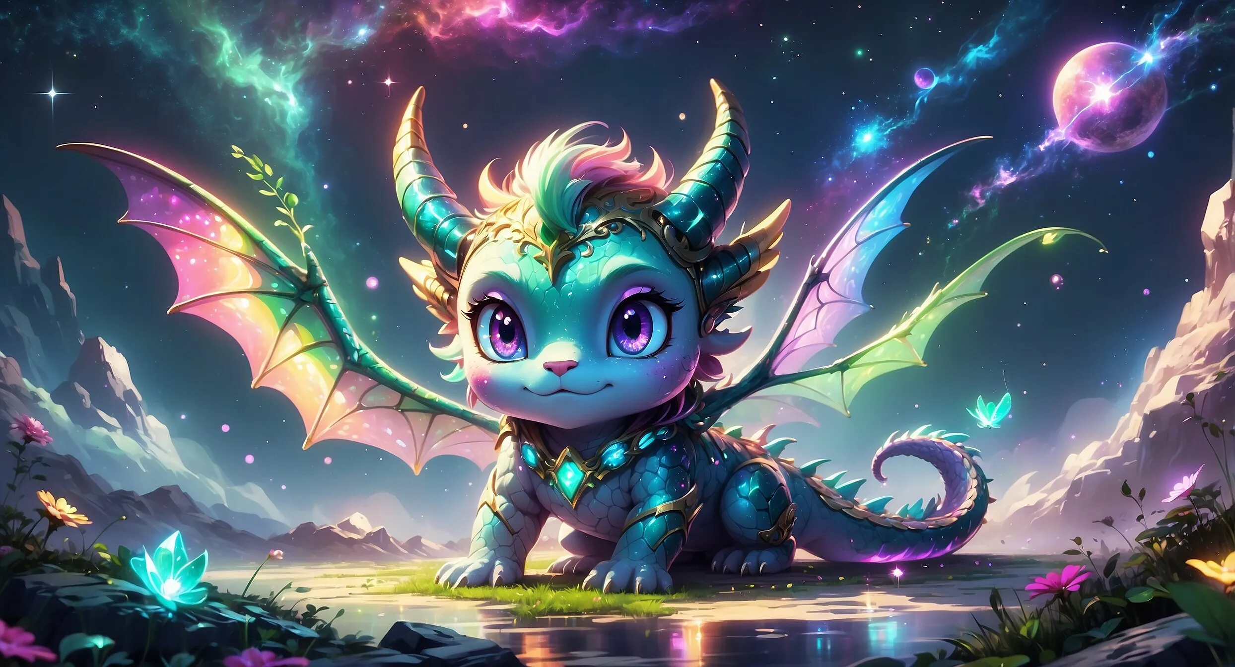 Niedlicher Chibi-Drache mit schillernden Flügeln
