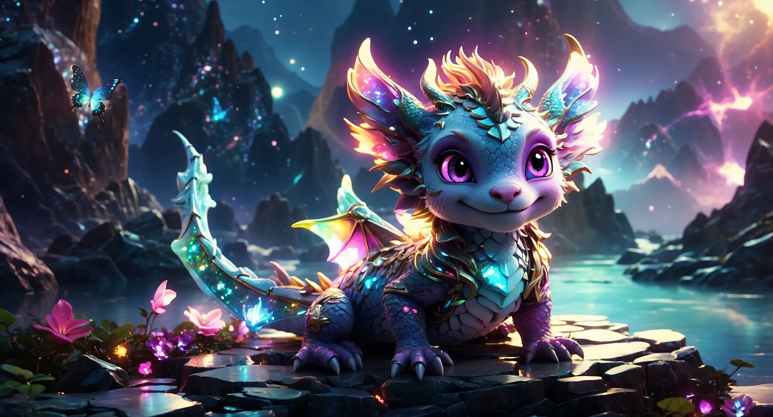 Niedlicher Chibi-Drache mit schillernden Flügeln