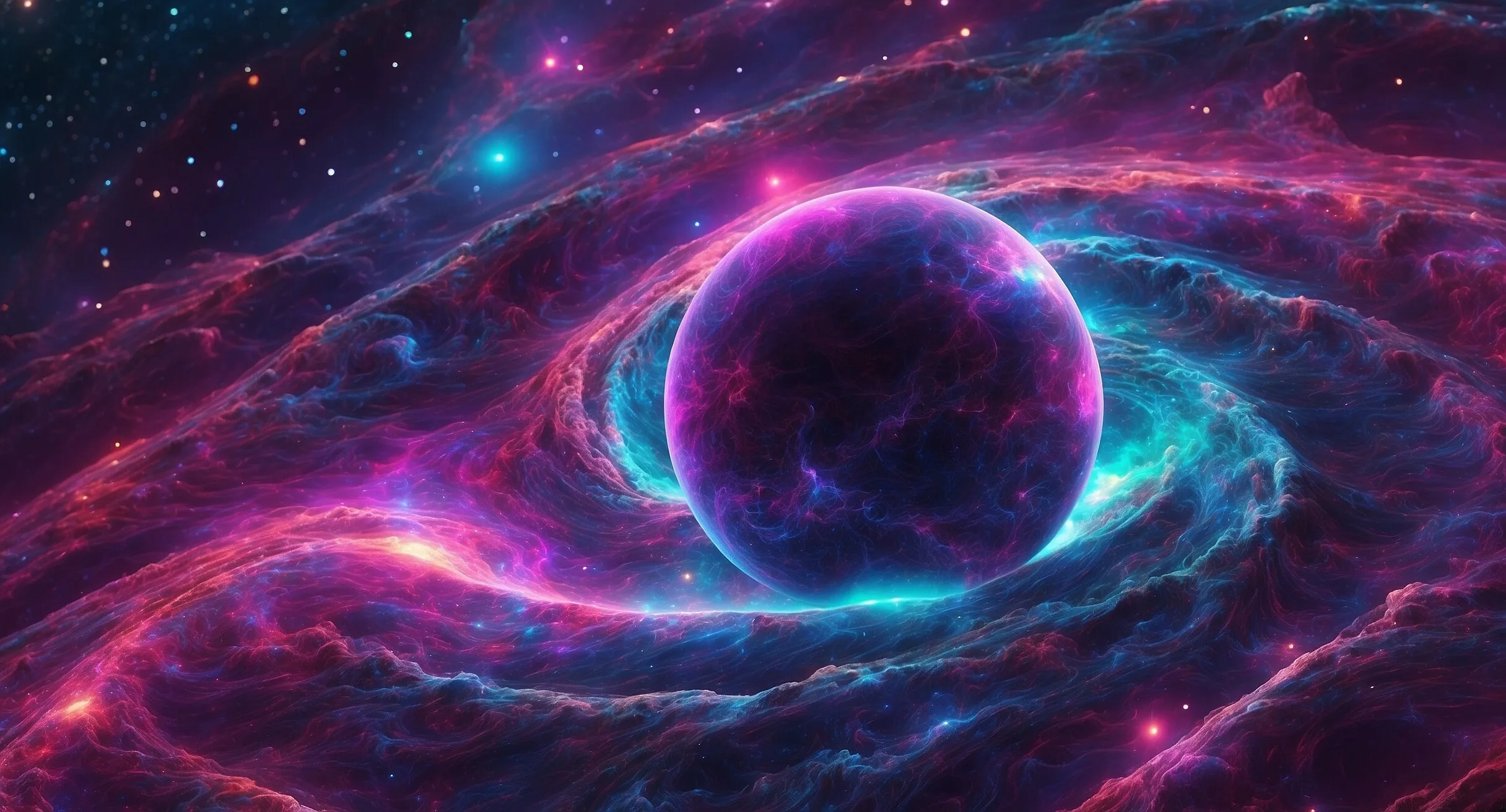 Farbige Nebel, die sich um Planeten schlingen