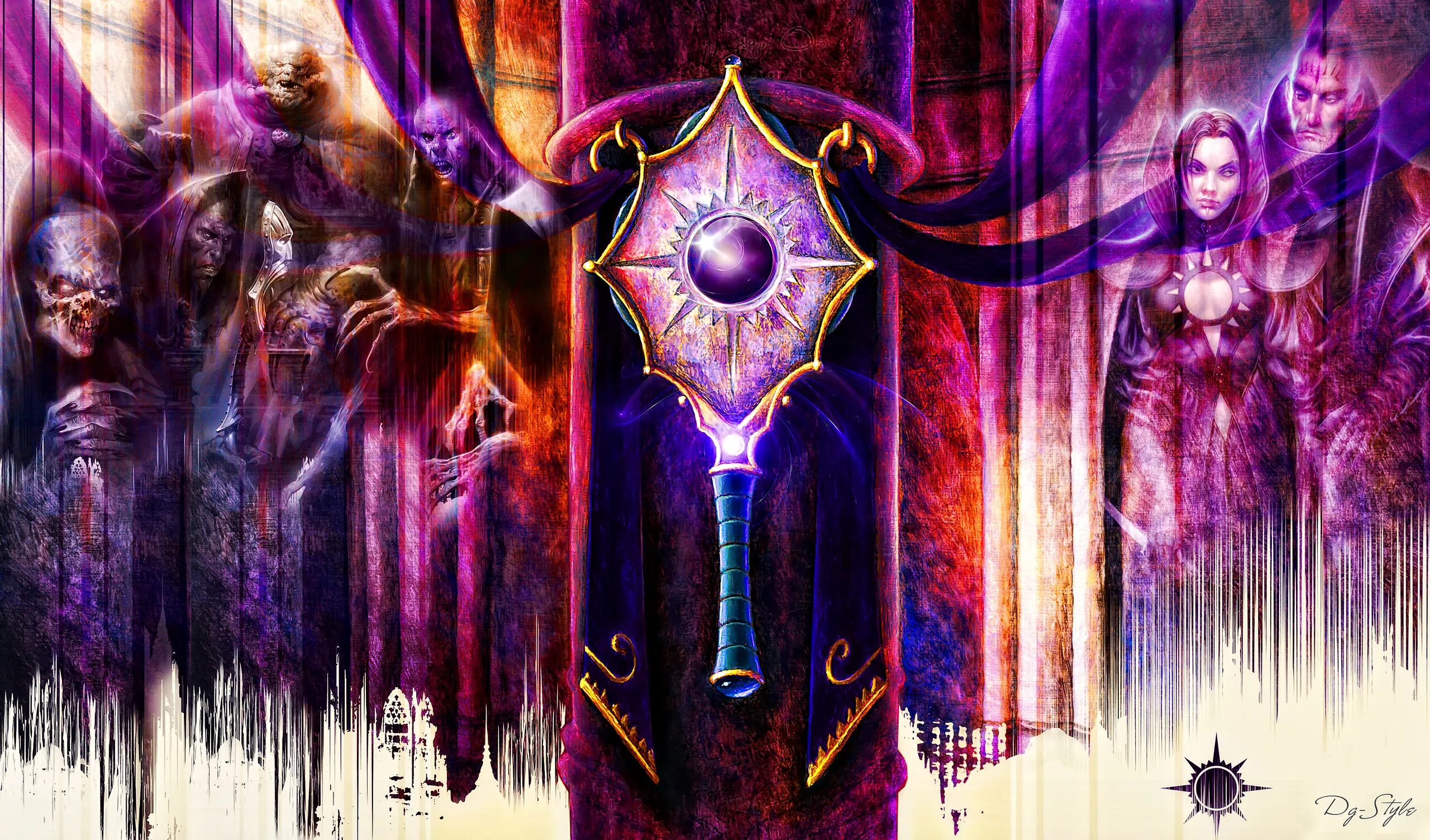 Breite Spielmatte mit Fantasy-Motiven in Violett und Rot