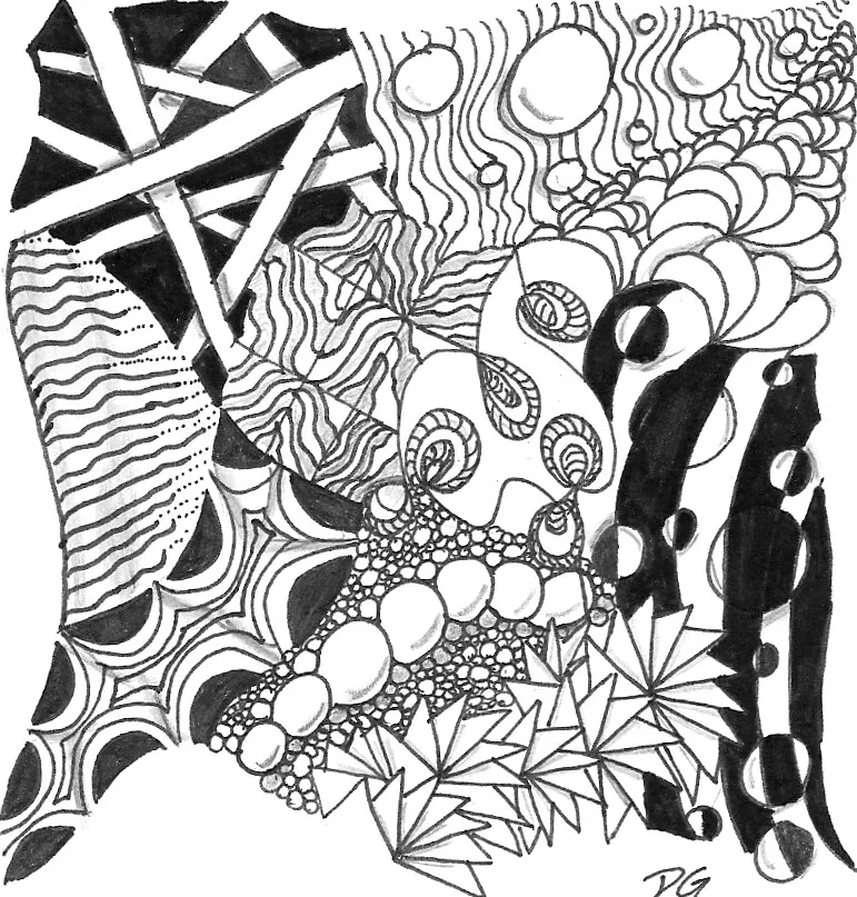 Schwarz-weißes Zentangle mit Kugeln, Bändern und Wellen